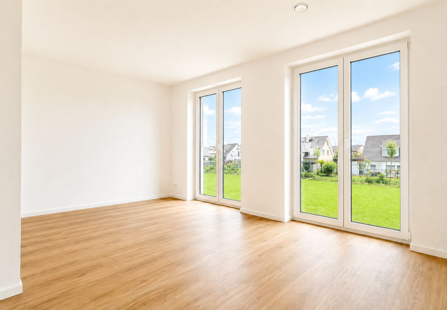 Heller, leerer Raum mit Holzfußboden und großen Fenstern mit Blick auf einen Garten.