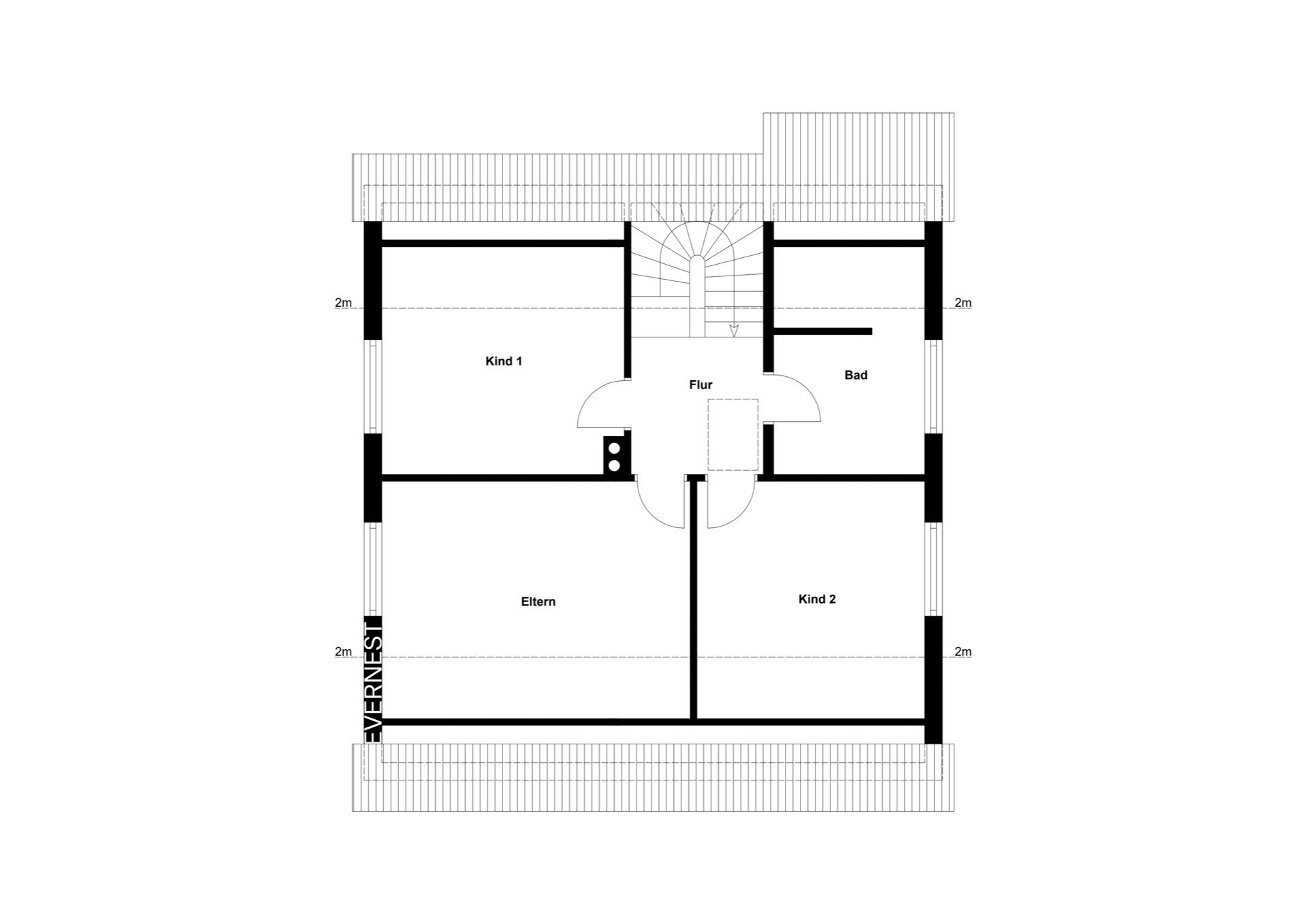 Grundriss mit Flur, Bad, Elternschlafzimmer und zwei Kinderzimmern.