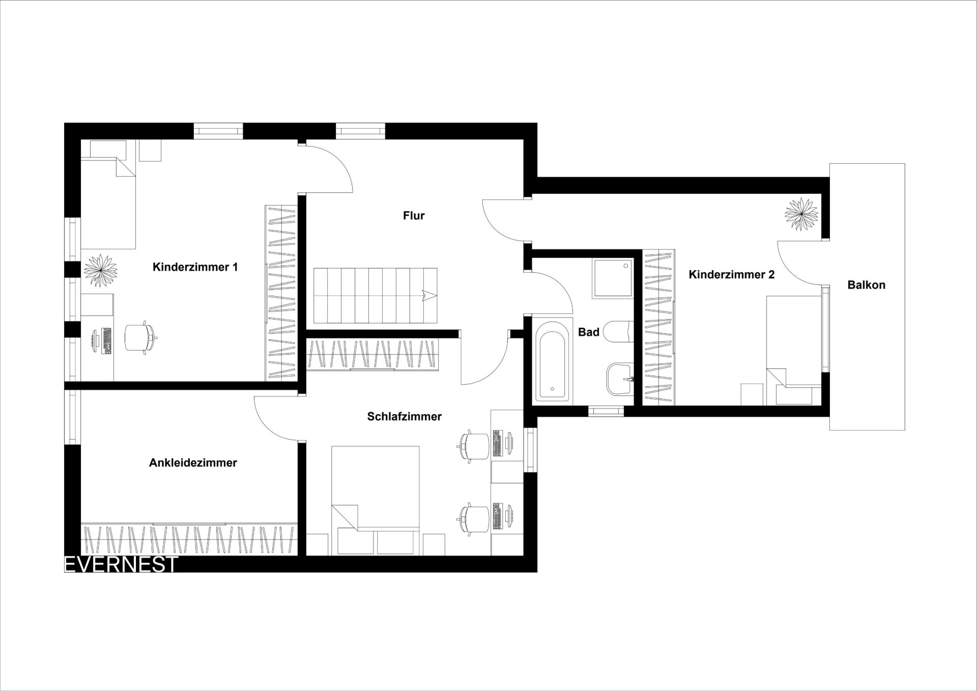 Grundriss mit Schlafzimmer, zwei Kinderzimmern, Ankleidezimmer, Bad, Flur und Balkon.
