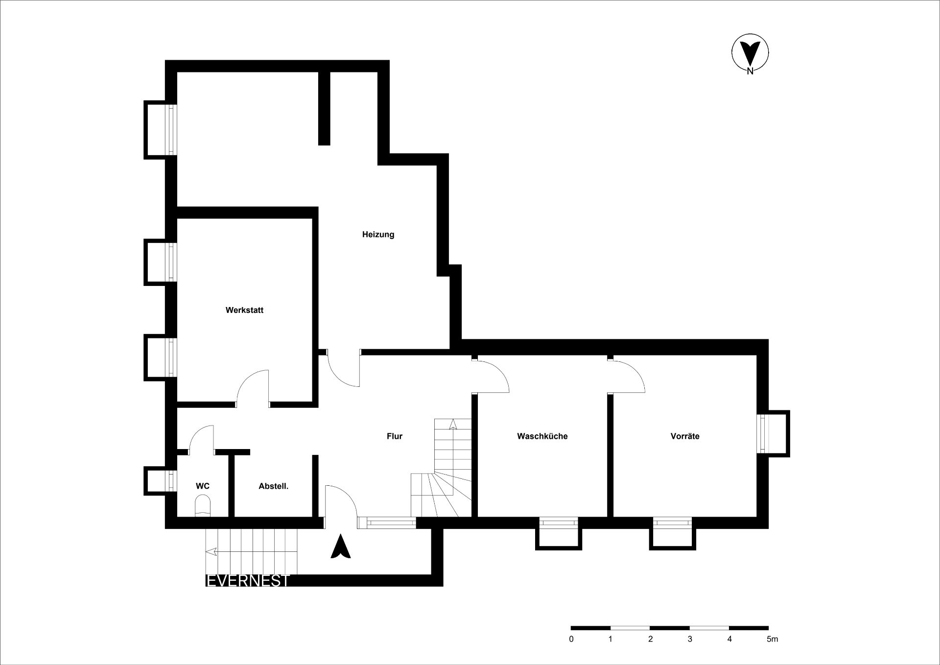 Grundriss eines Wohnhauses mit Werkstatt, Heizung, Waschküche, Vorräte, WC und Flur.