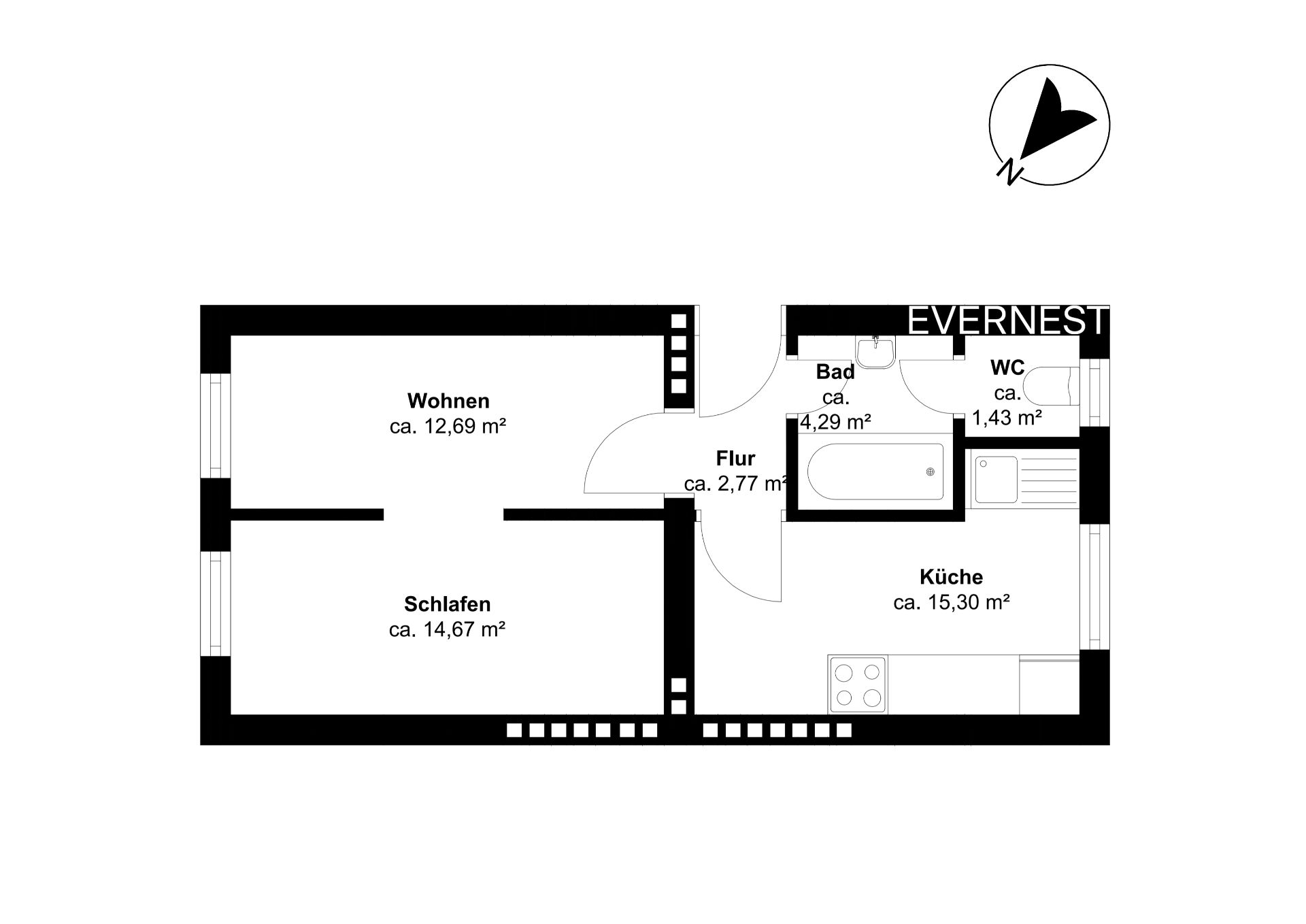 Grundriss mit Wohn-, Schlaf-, Küchenzimmer, Bad, WC und Flur, Räume mit Quadratmeterangaben.