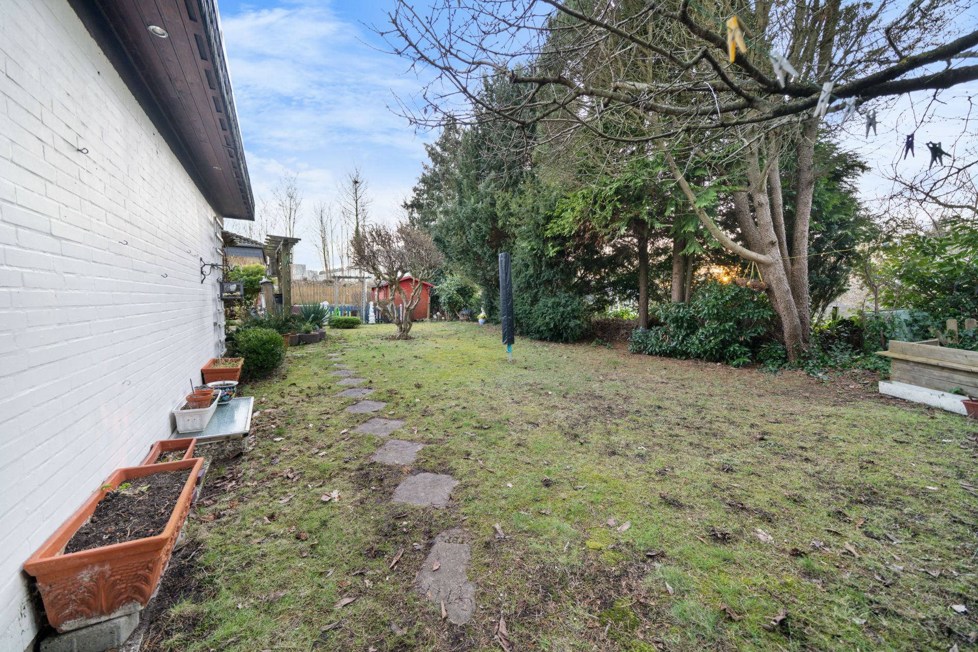 Garten mit Rasen, Steinweg, Blumentöpfen, Bäumen und Sträuchern neben einem weißen Haus.