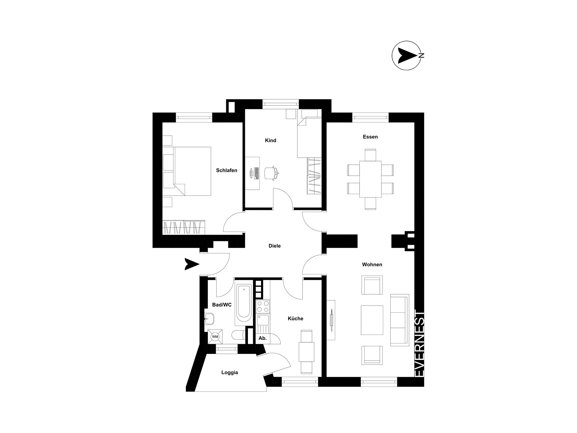 Grundriss einer Wohnung mit Schlafzimmer, Kinderzimmer, Bad, Küche, Ess- und Wohnzimmer sowie Loggia.