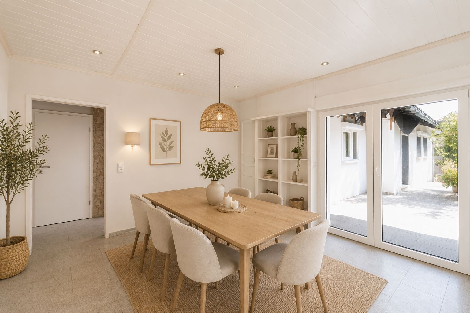 Heller Essbereich mit Holztisch, sechs Stühlen, Regal und großen Glastüren zum Außenbereich.