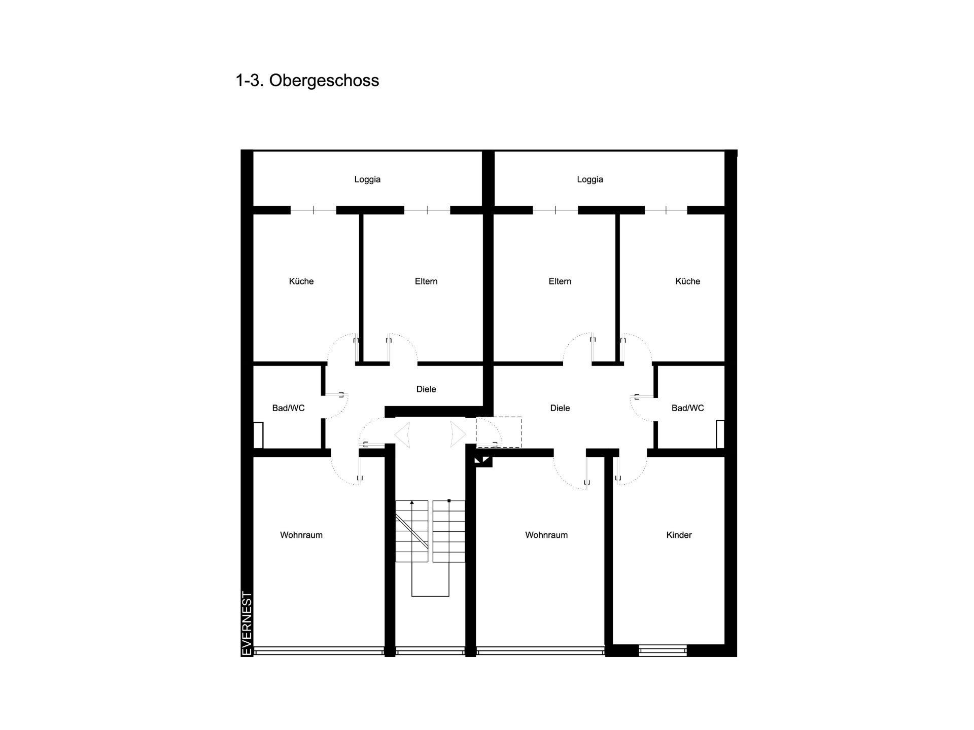 Grundriss eines Obergeschosses mit Wohnzimmer, Küche, Schlafzimmer, Kinderzimmer, Bad und Loggia.