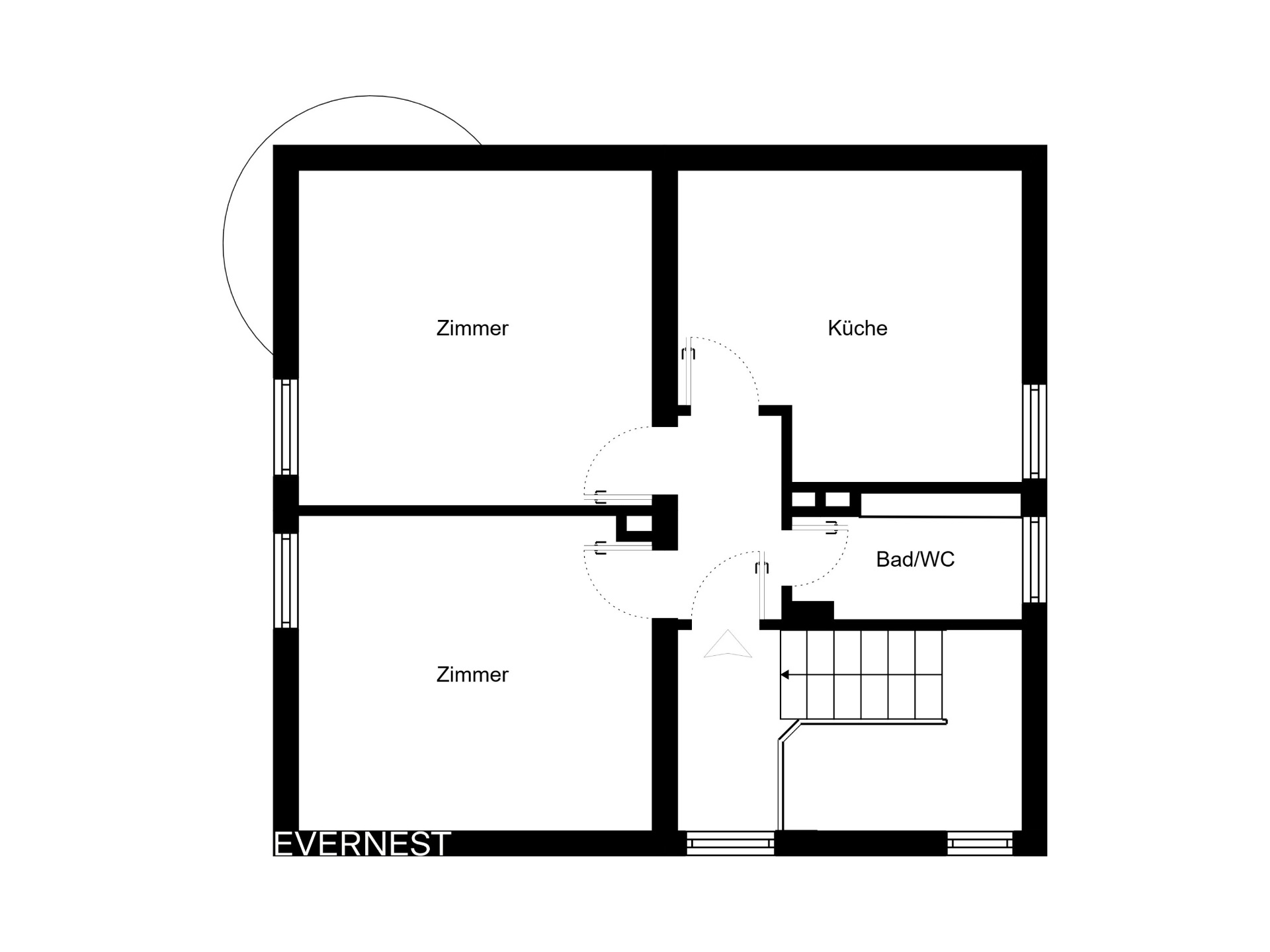Grundriss mit zwei Zimmern, Küche, Bad/WC und Treppe.