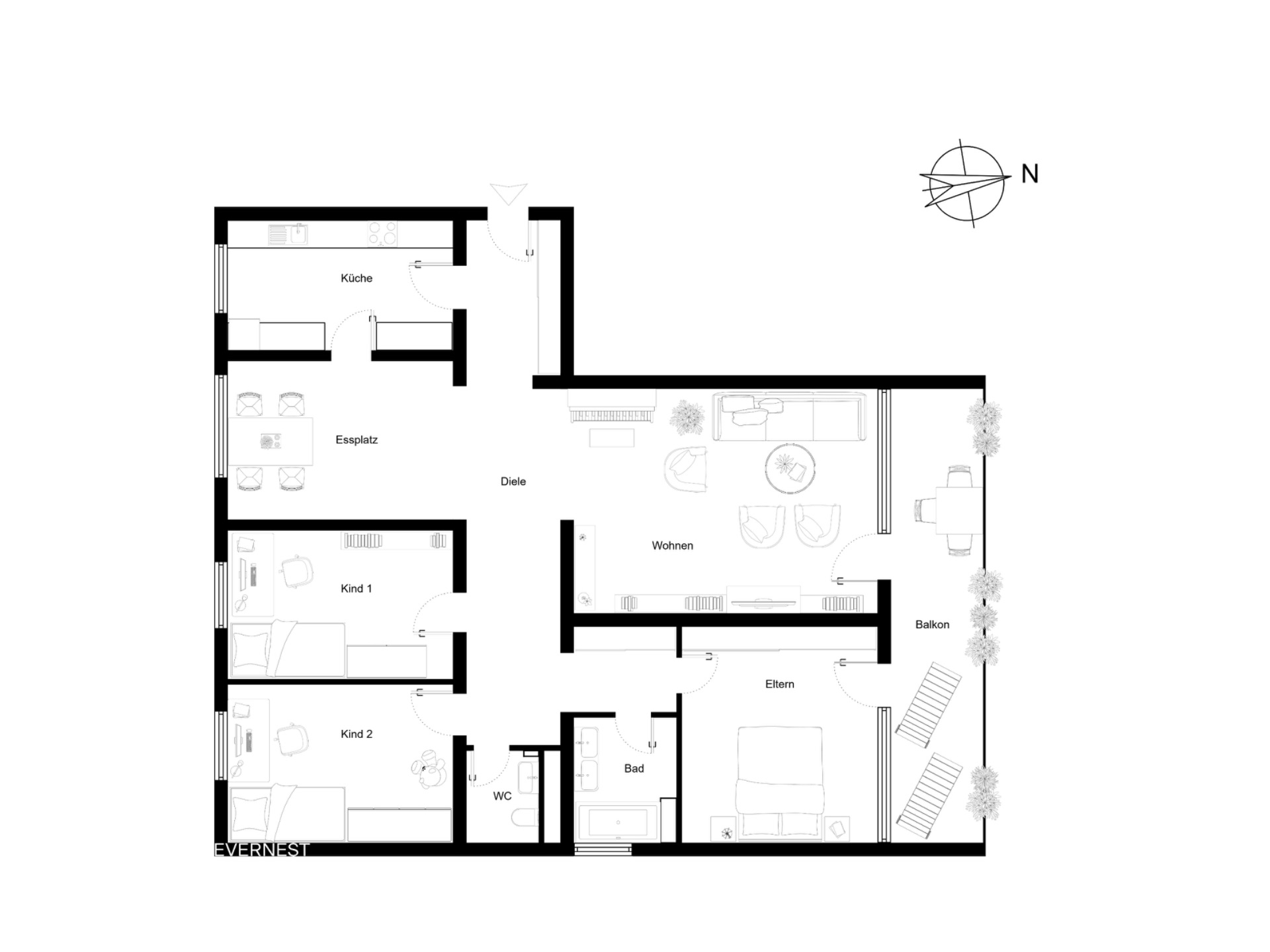 Grundriss einer Wohnung mit Küche, Essplatz, Wohnzimmer, zwei Kinderzimmern, Elternschlafzimmer und Balkon.