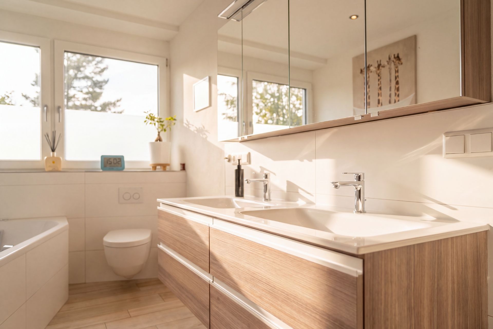 Helles Badezimmer mit Doppelwaschbecken, großem Spiegel, Toilette und Badewanne.