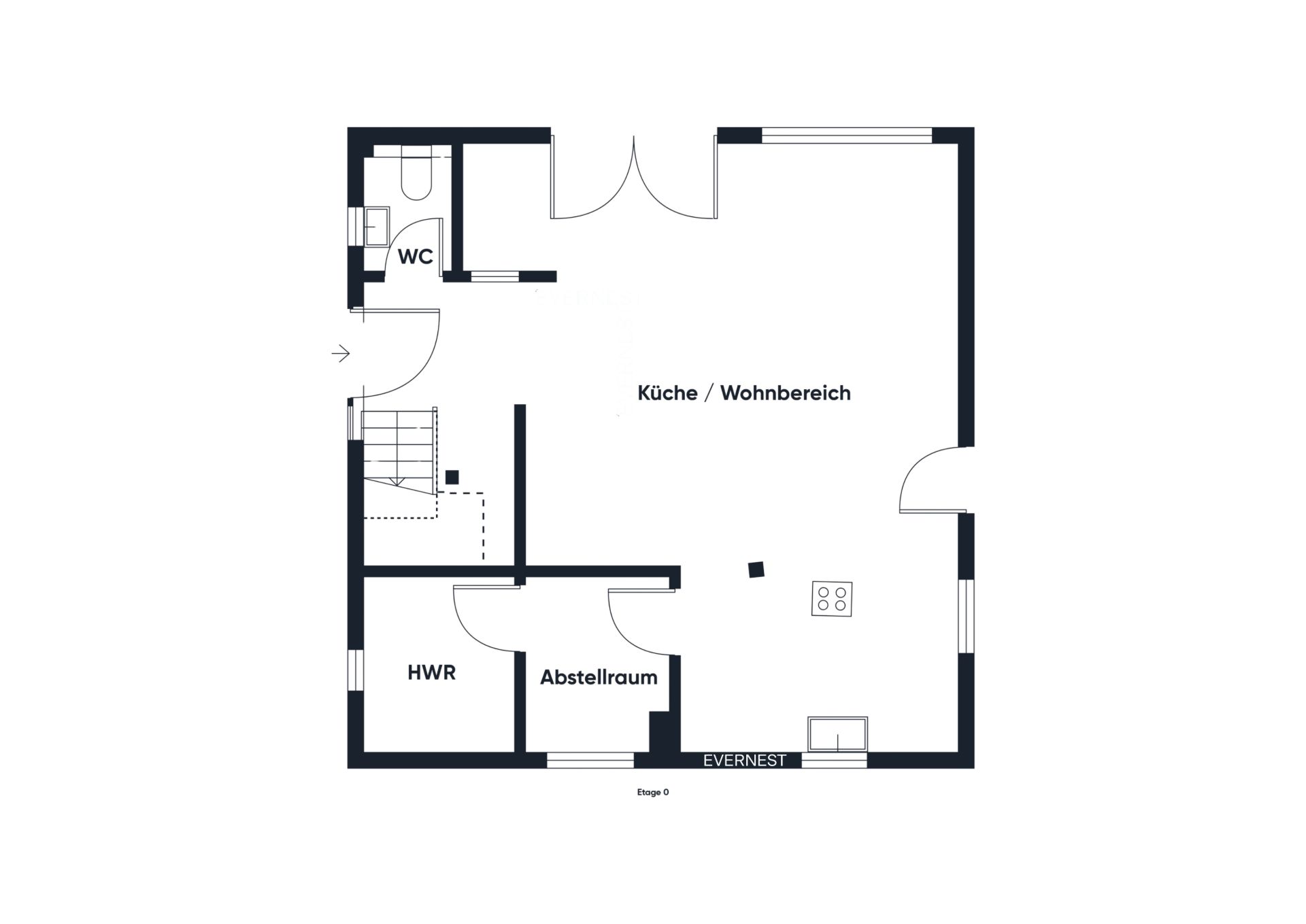 Grundriss mit Küche/Wohnbereich, WC, Hauswirtschaftsraum und Abstellraum.