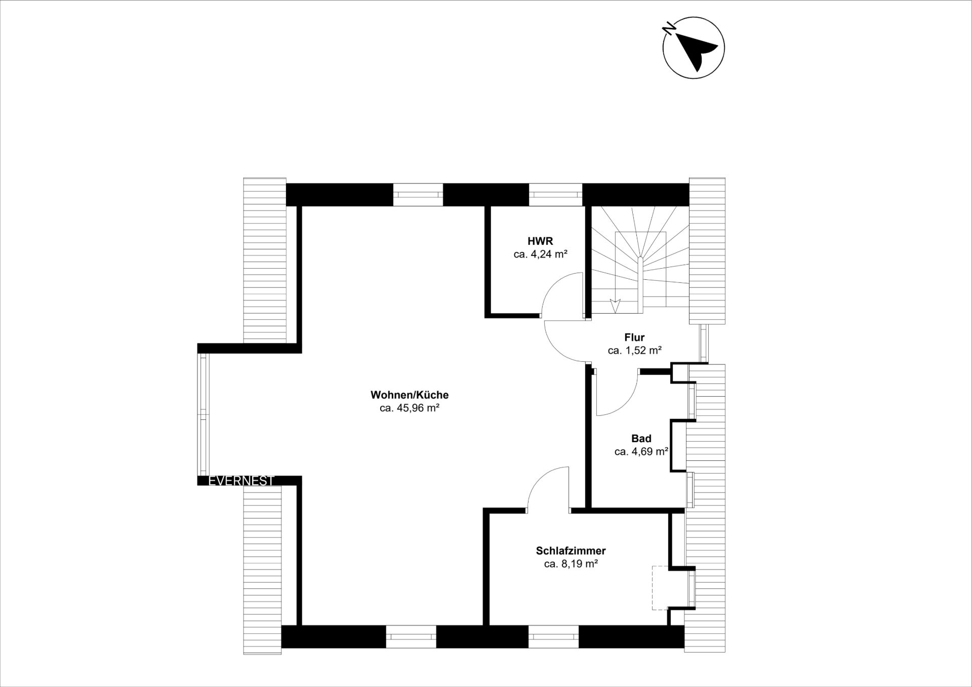 Grundriss einer Wohnung mit Wohnzimmer/Küche, Schlafzimmer, Bad, Flur und Hauswirtschaftsraum.