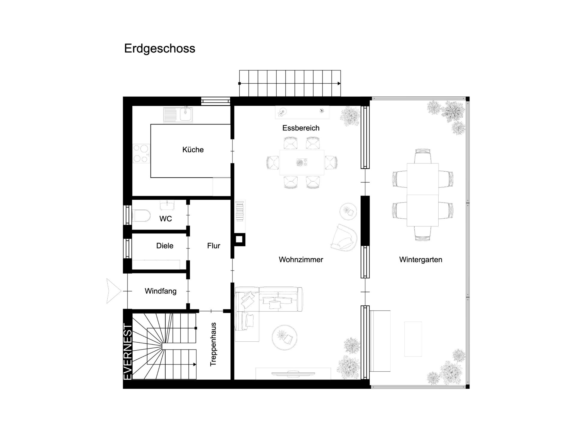 Grundriss des Erdgeschosses mit Küche, Wohnzimmer, Essbereich, Wintergarten, WC und Flur.
