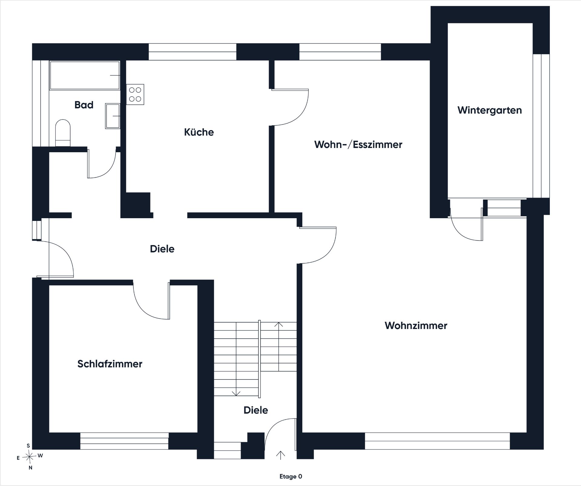 Grundriss einer Wohnung mit Schlafzimmer, Bad, Küche, Wohnzimmer und Wintergarten.