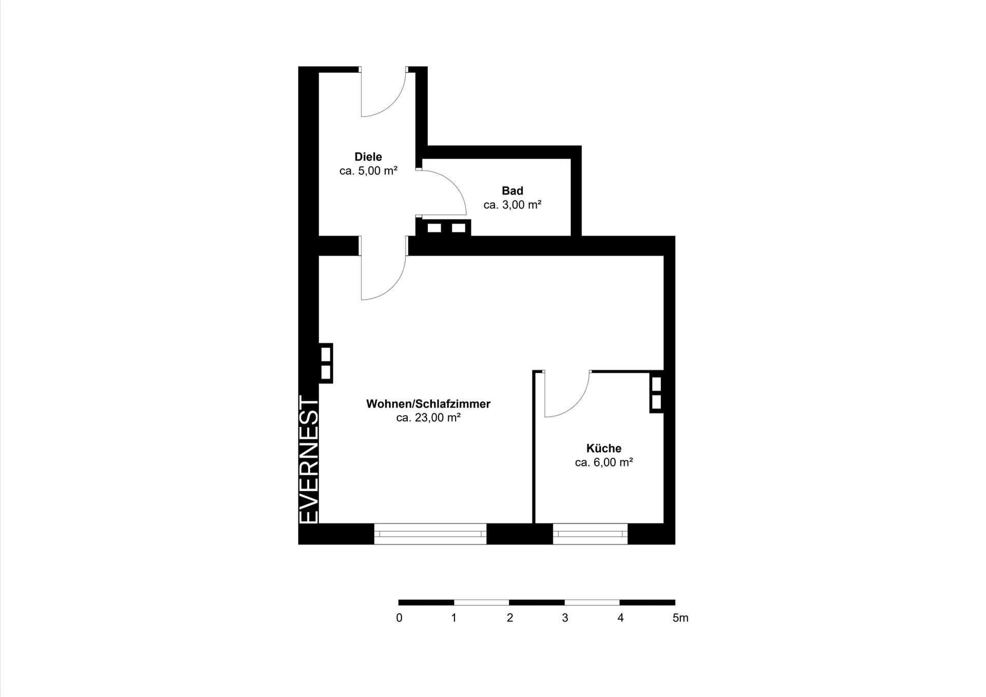 Wohnungsgrundriss mit Diele, Bad, Wohn-/Schlafzimmer und Küche, Flächen in Quadratmetern angegeben.