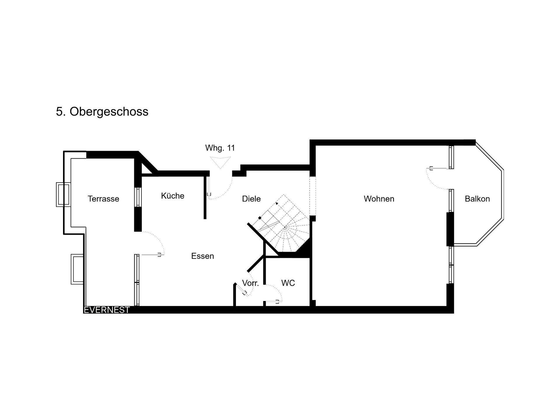Grundriss eines Obergeschosses mit Terrasse, Küche, Essbereich, WC, Wohnzimmer und Balkon.
