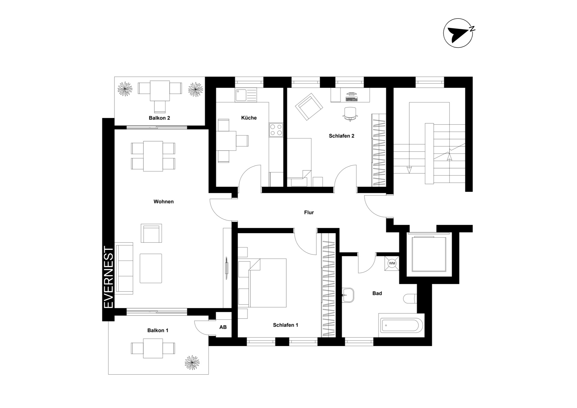 Wohnungsgrundriss mit zwei Schlafzimmern, Wohnzimmer, Küche, Bad, Flur und zwei Balkonen.