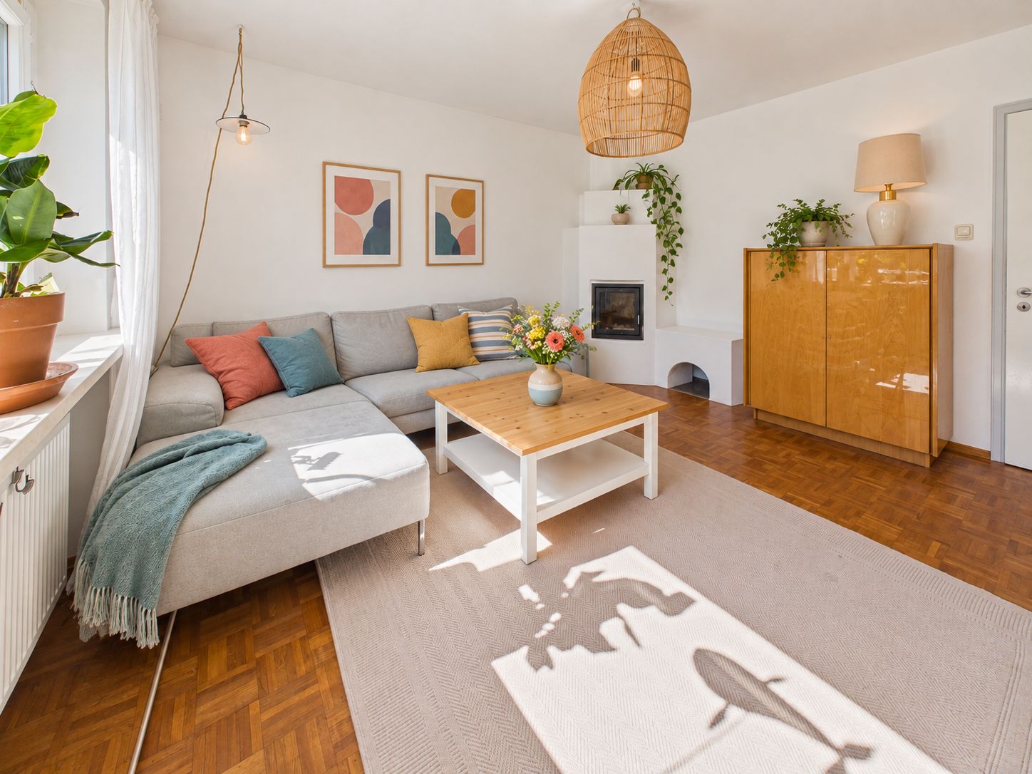 Helles Wohnzimmer mit grauem Sofa, Holztisch, Pflanzen und Sideboard auf Parkettboden.