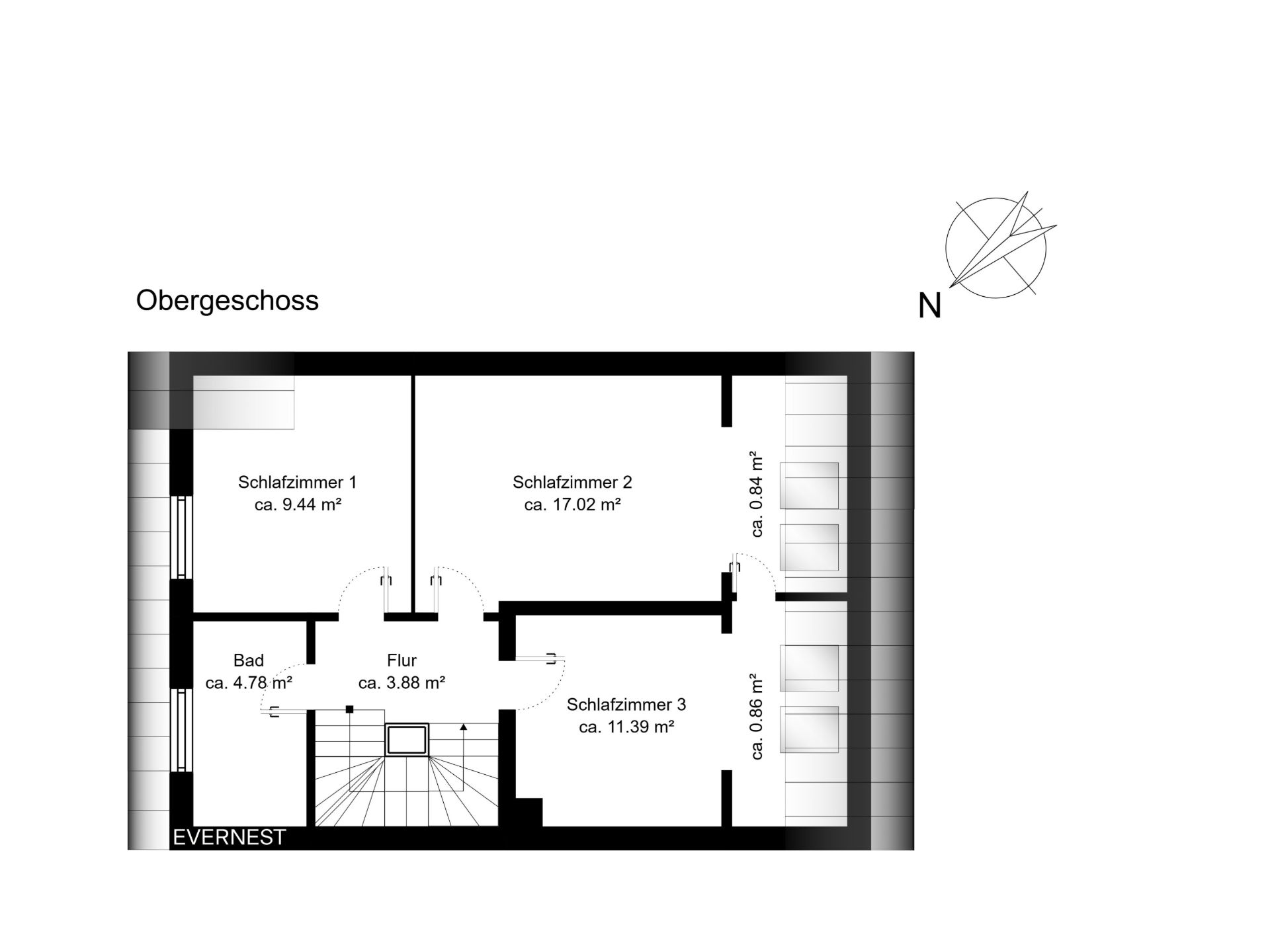 Grundriss des Obergeschosses mit drei Schlafzimmern, Bad und Flur.