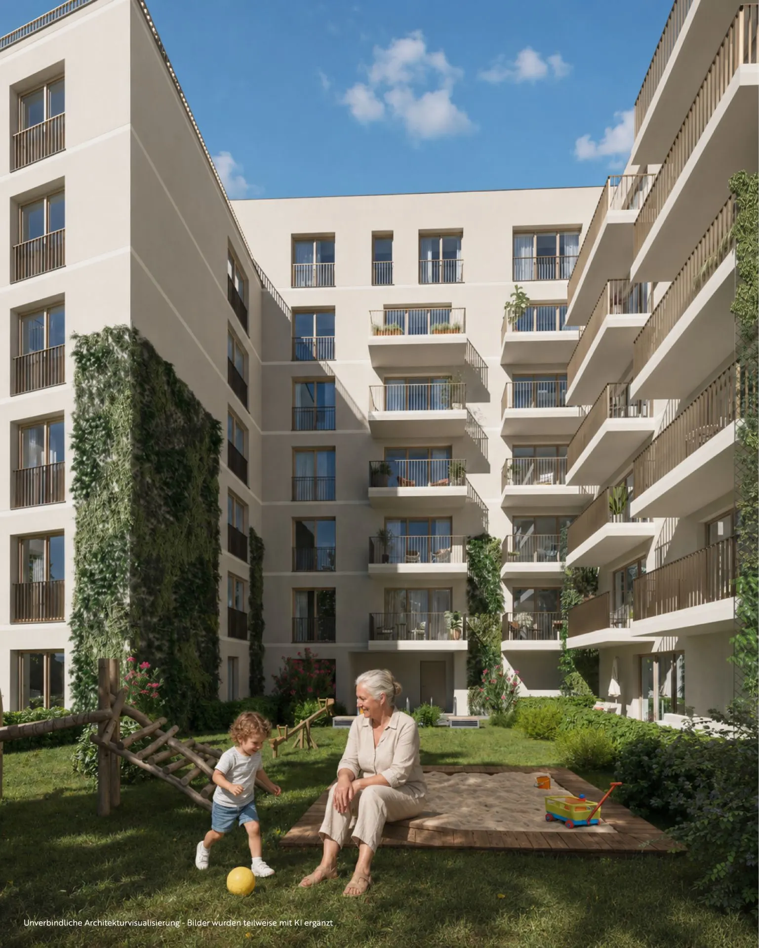 Innenhof eines Wohnhauses mit Balkonen, viel Grün, einer Frau und einem spielenden Kind.