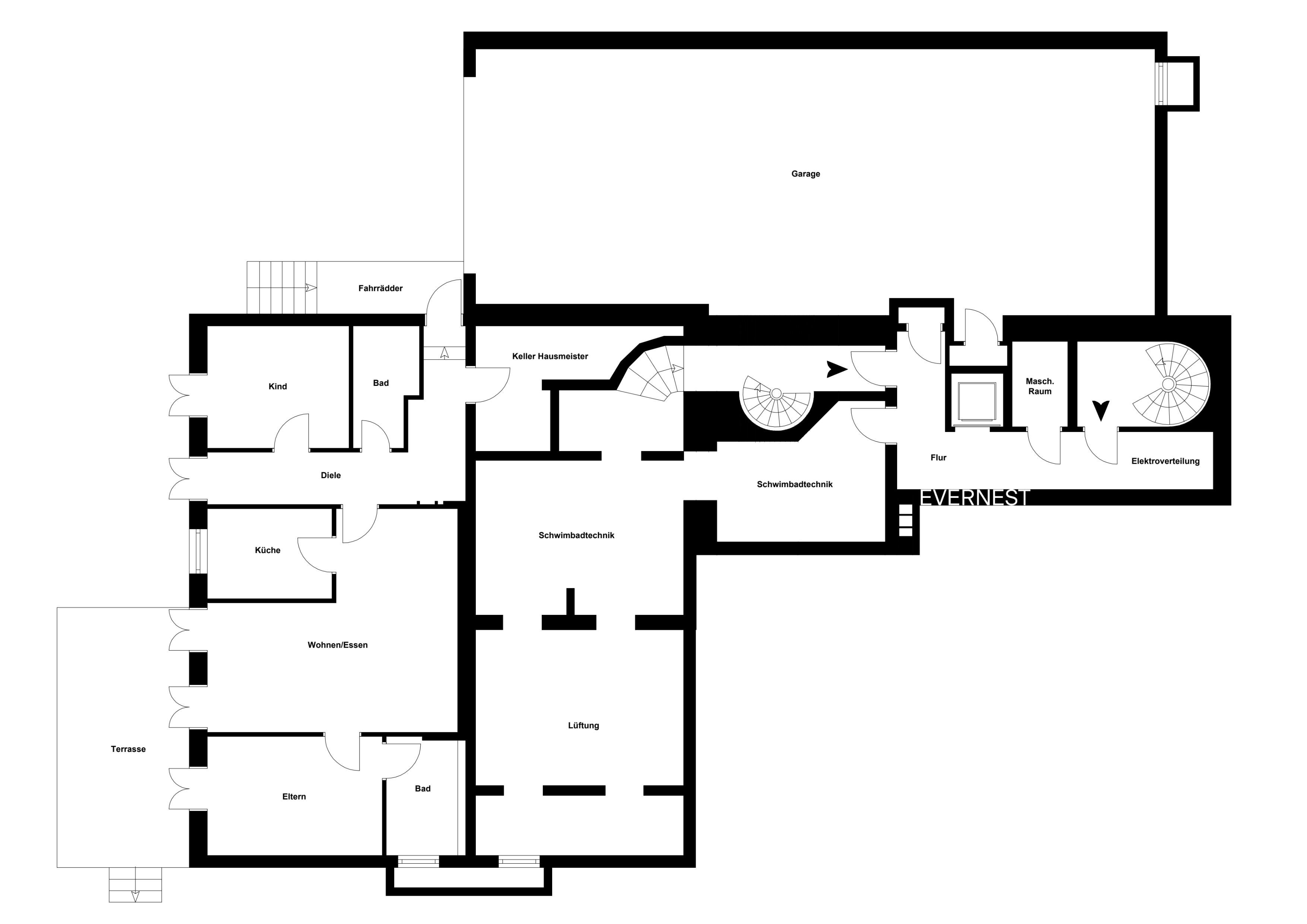 Grundriss eines Wohnhauses mit Garage, Terrasse, Wohnräumen, Bädern und Technikräumen.
