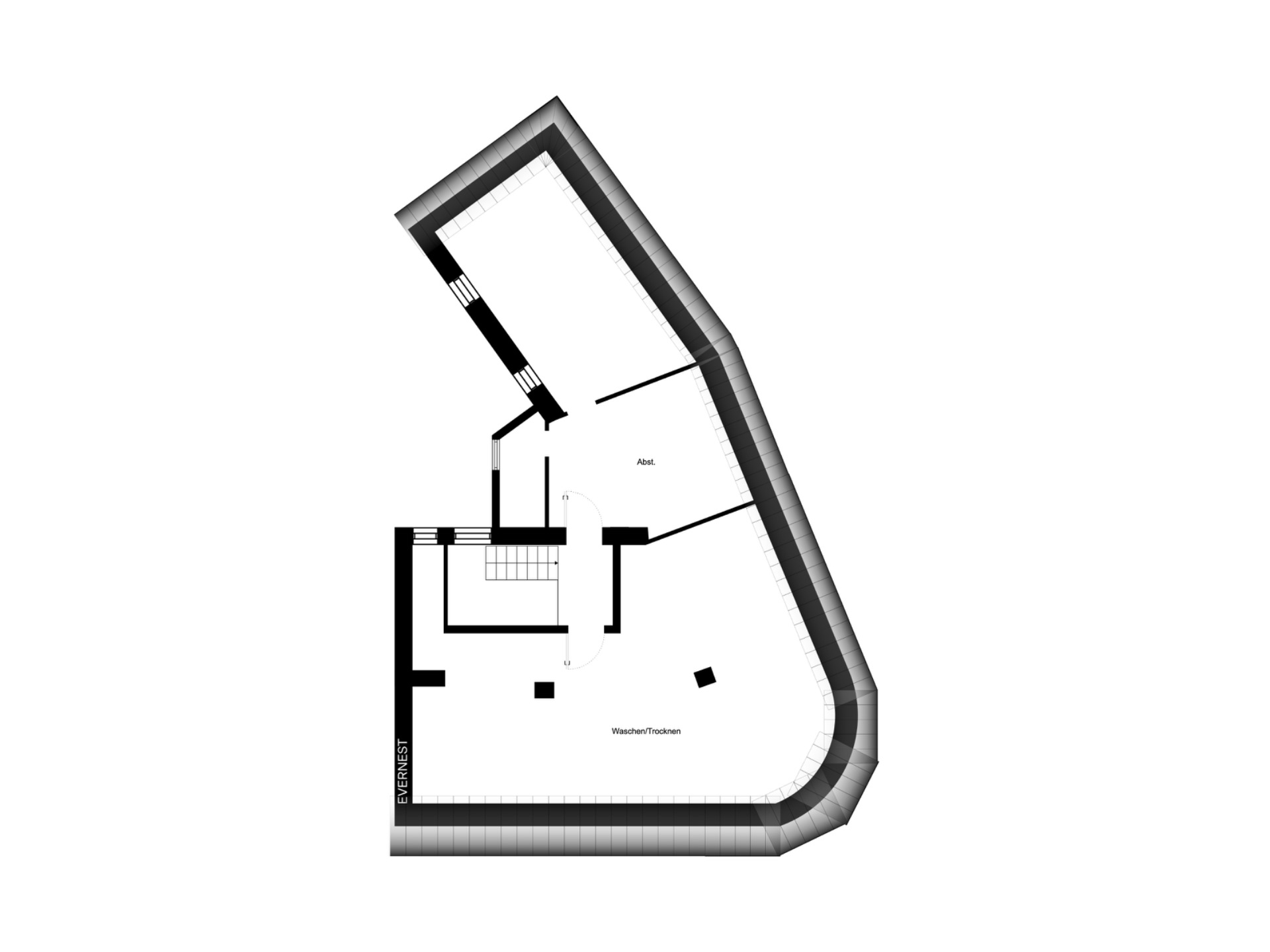 Grundriss eines Hauses mit mehreren Zimmern und einem Treppenhaus, asymmetrische Form.