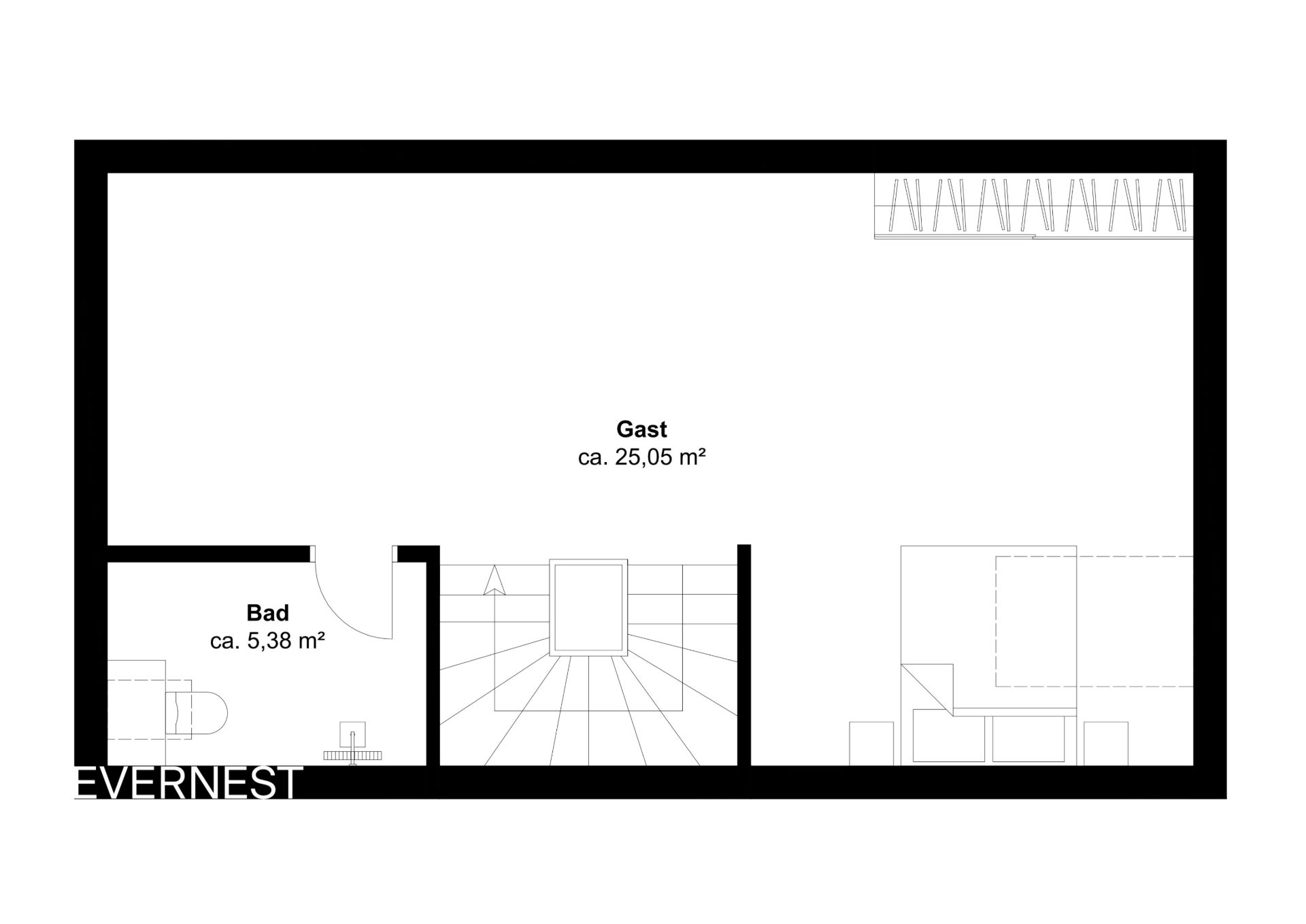 Grundriss mit Gästezimmer und Bad, jeweils mit Flächenangaben in Quadratmetern.