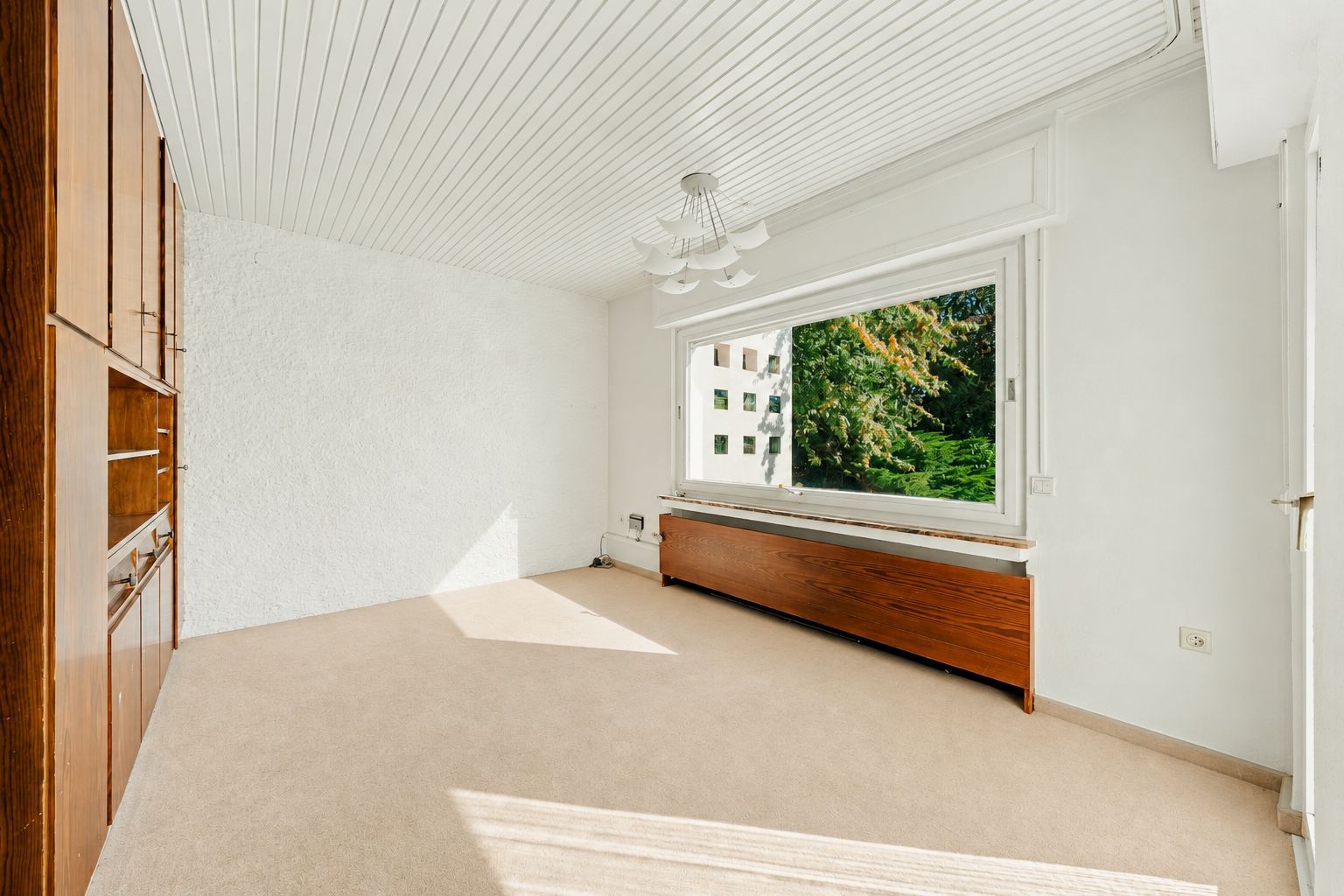 Heller, leerer Raum mit Teppichboden, großem Fenster und Holzvertäfelung an einer Wand.