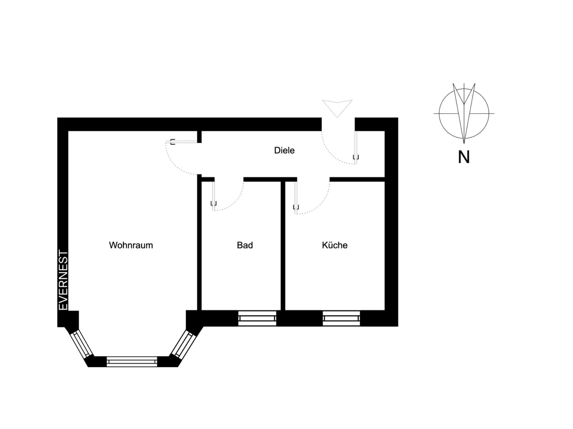 Grundriss einer Wohnung mit Wohnraum, Bad, Küche und Diele.