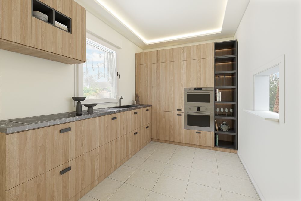Moderne Küche mit Holzfronten, dunkler Arbeitsplatte und eingebauten Geräten, Fenster an zwei Wänden.