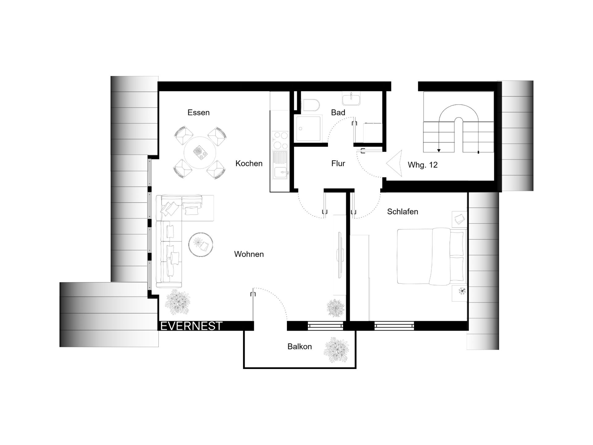 Grundriss einer Wohnung mit Wohnzimmer, Schlafzimmer, Bad, Küche, Essbereich und Balkon.