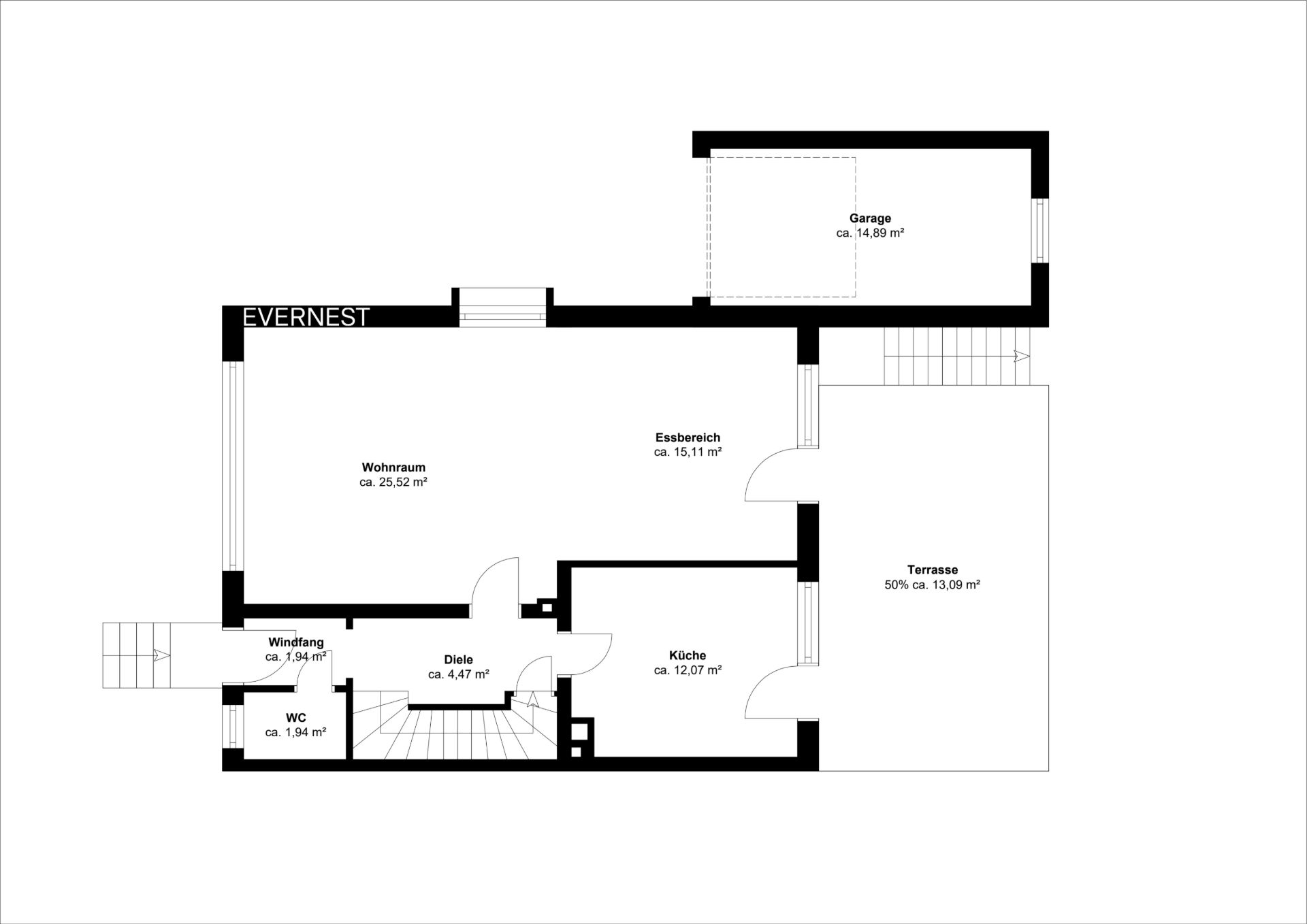 Grundriss eines Wohnbereichs mit Küche, Essbereich, Garage, Terrasse, WC und Diele.