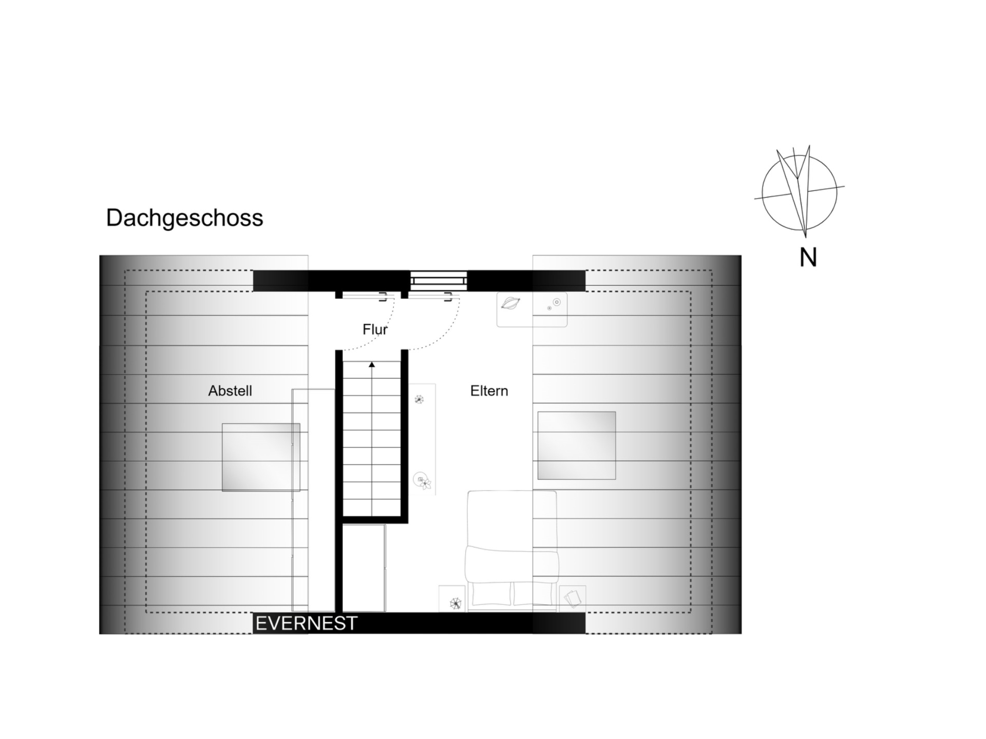 Grundriss vom Dachgeschoss mit Abstellraum, Flur und Elternzimmer.