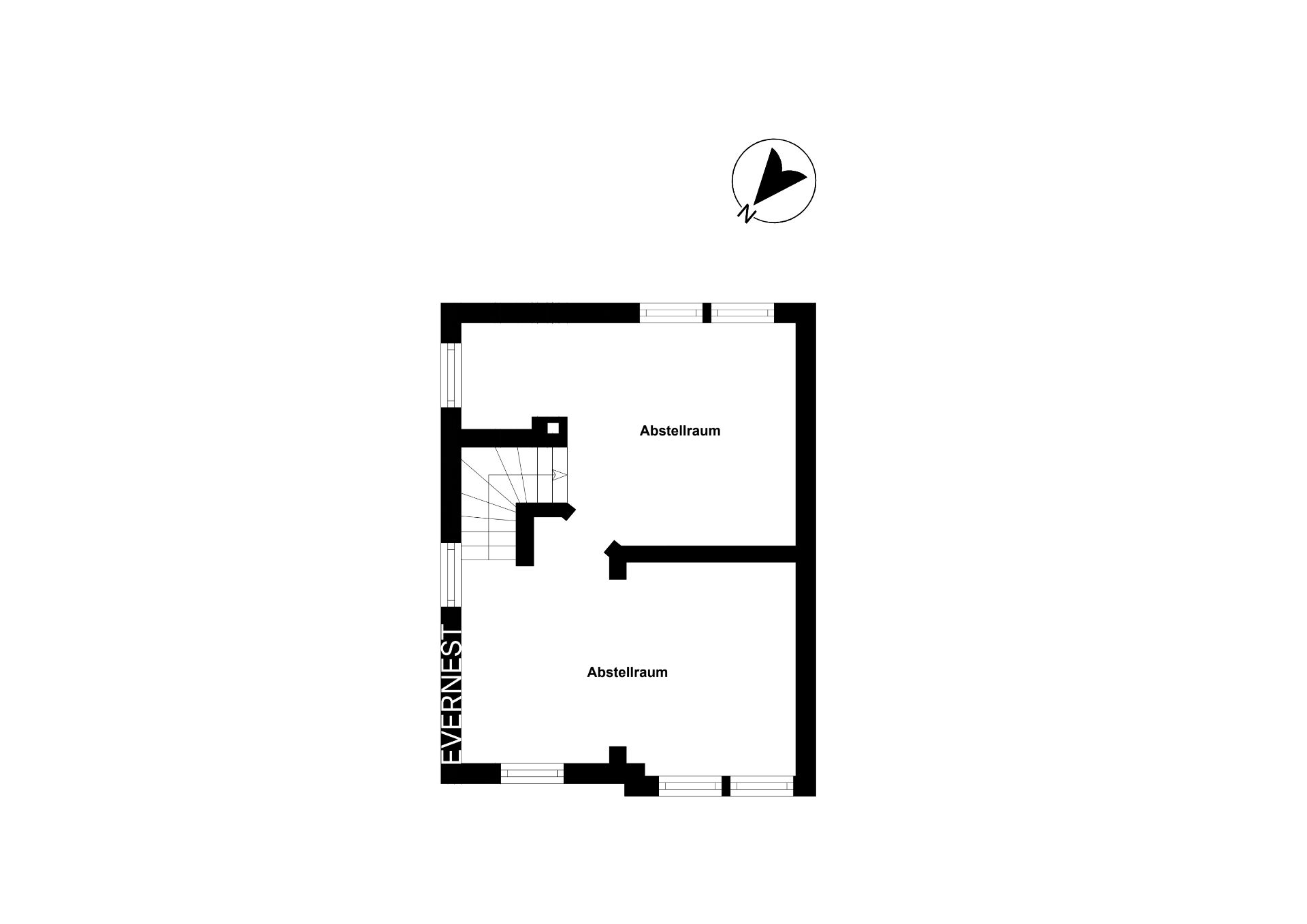 Grundriss mit zwei als Abstellraum gekennzeichneten Räumen und einer Treppe.