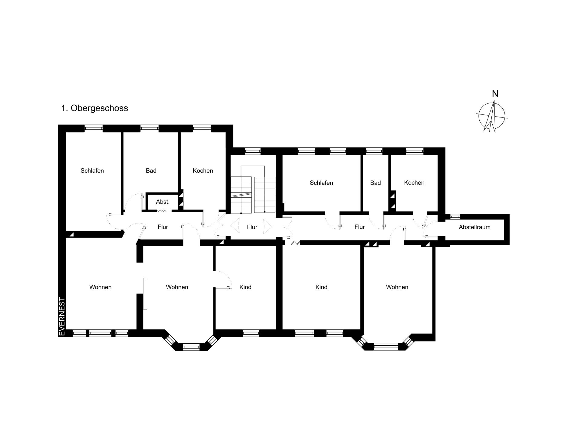 Grundriss einer Wohnetage mit Schlafzimmern, Bädern, Küchen, Wohnzimmern und Fluren.