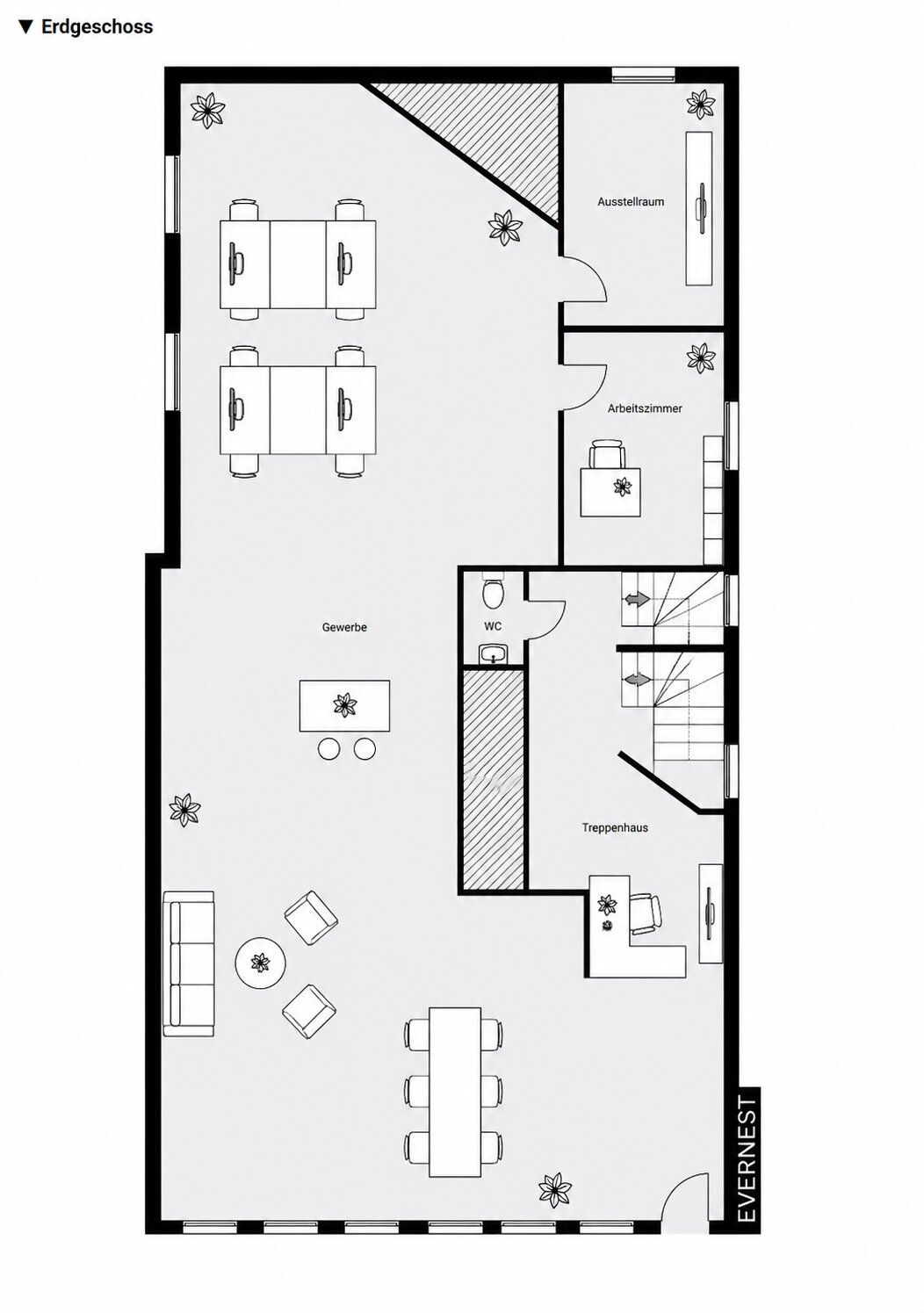 Grundriss des Erdgeschosses mit Arbeitszimmer, Ausstellraum, WC, Treppenhaus und offenem Wohnbereich.
