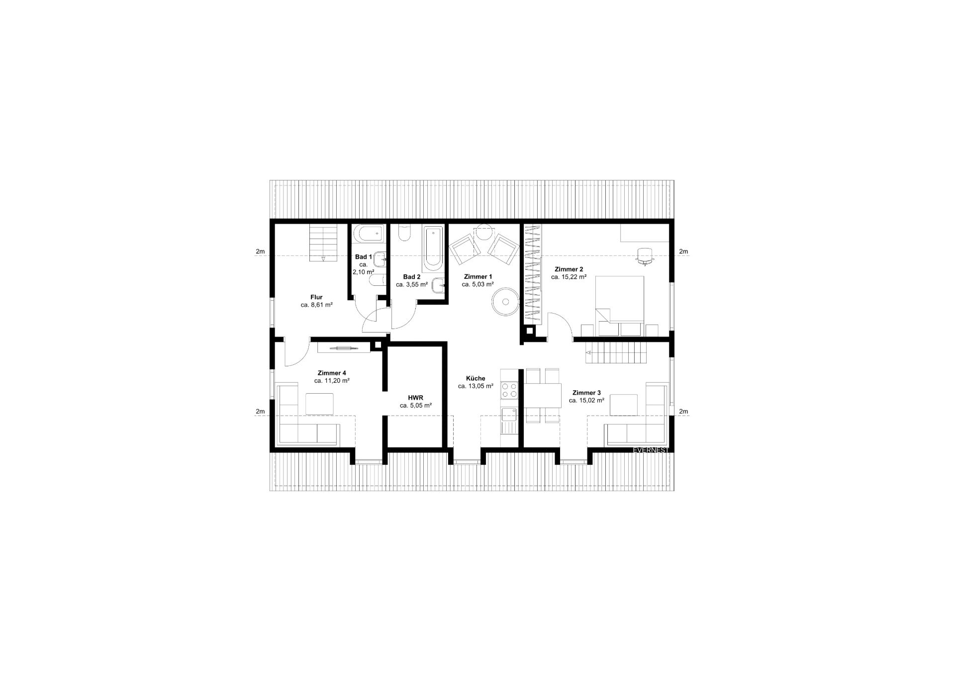 Grundriss eines Hauses mit vier Zimmern, Küche, Flur und zwei Bädern.