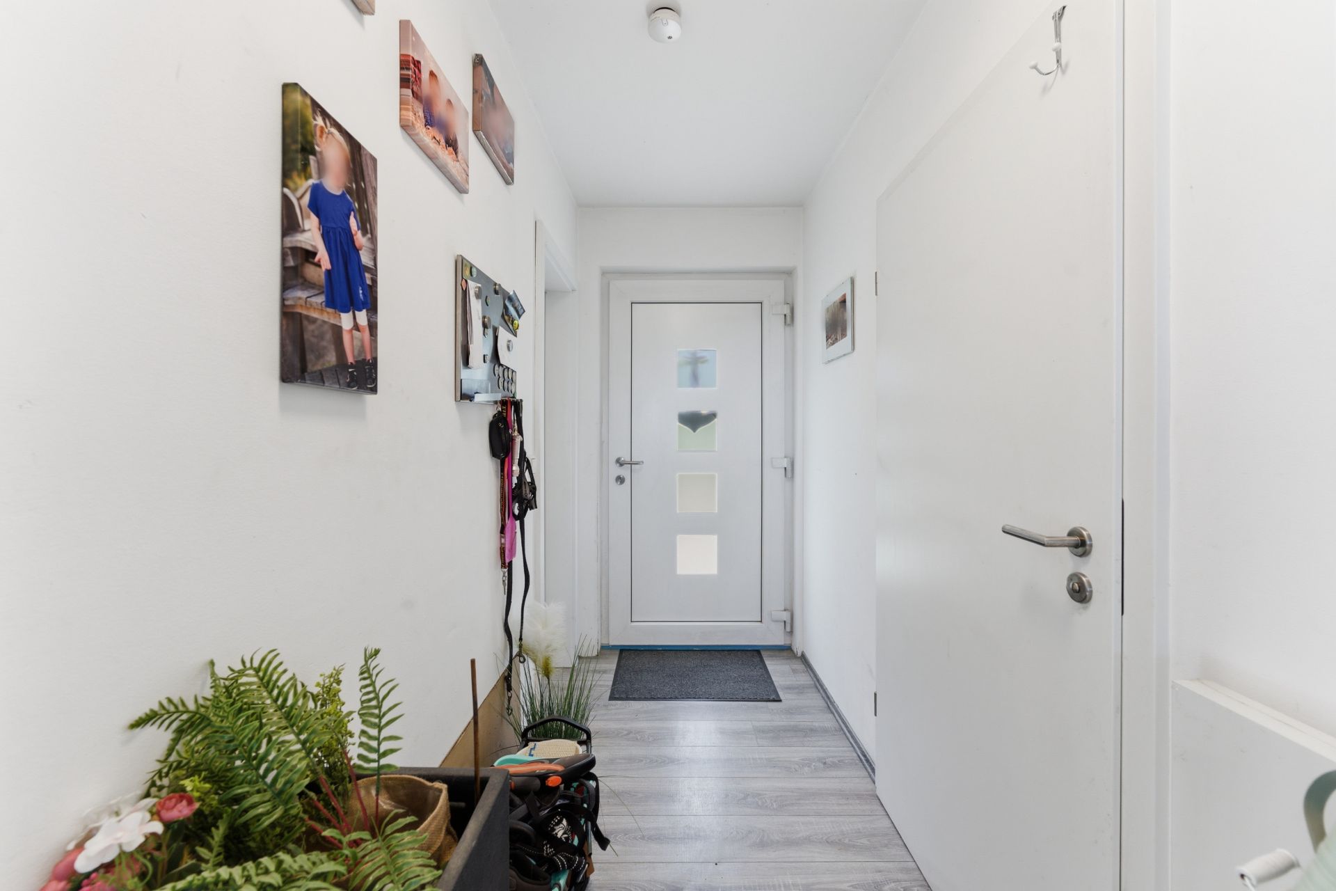 Heller Flur mit weißen Wänden, Holzboden, Tür mit Glasfeldern und Pflanzen auf einer Ablage.