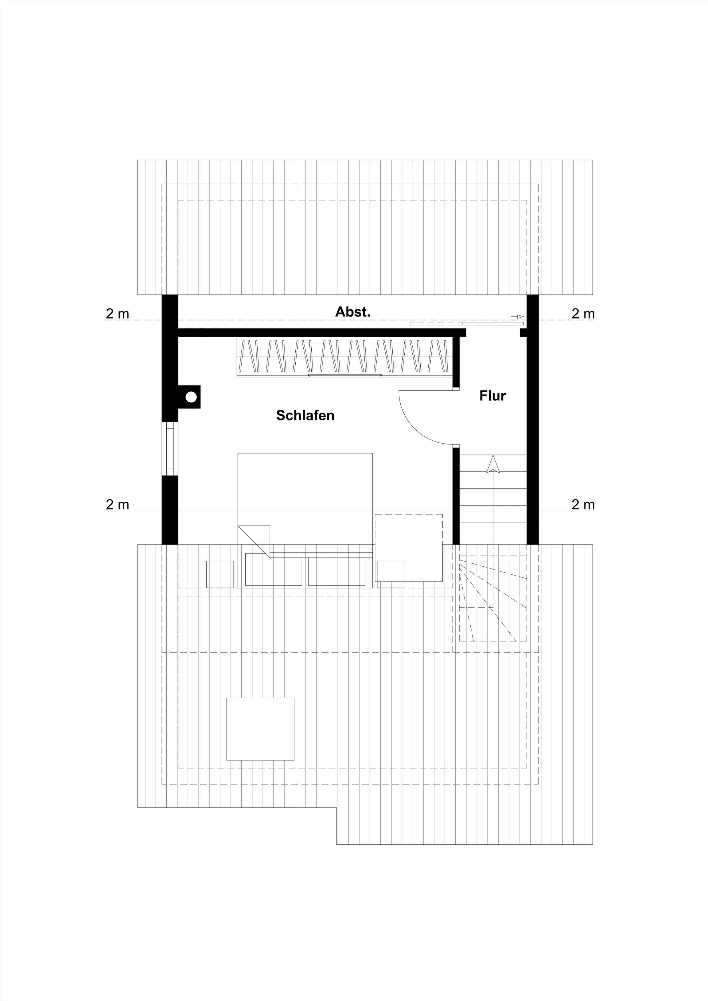 Grundriss eines Obergeschosses mit Schlafraum, Flur, Abstellraum und Treppe.