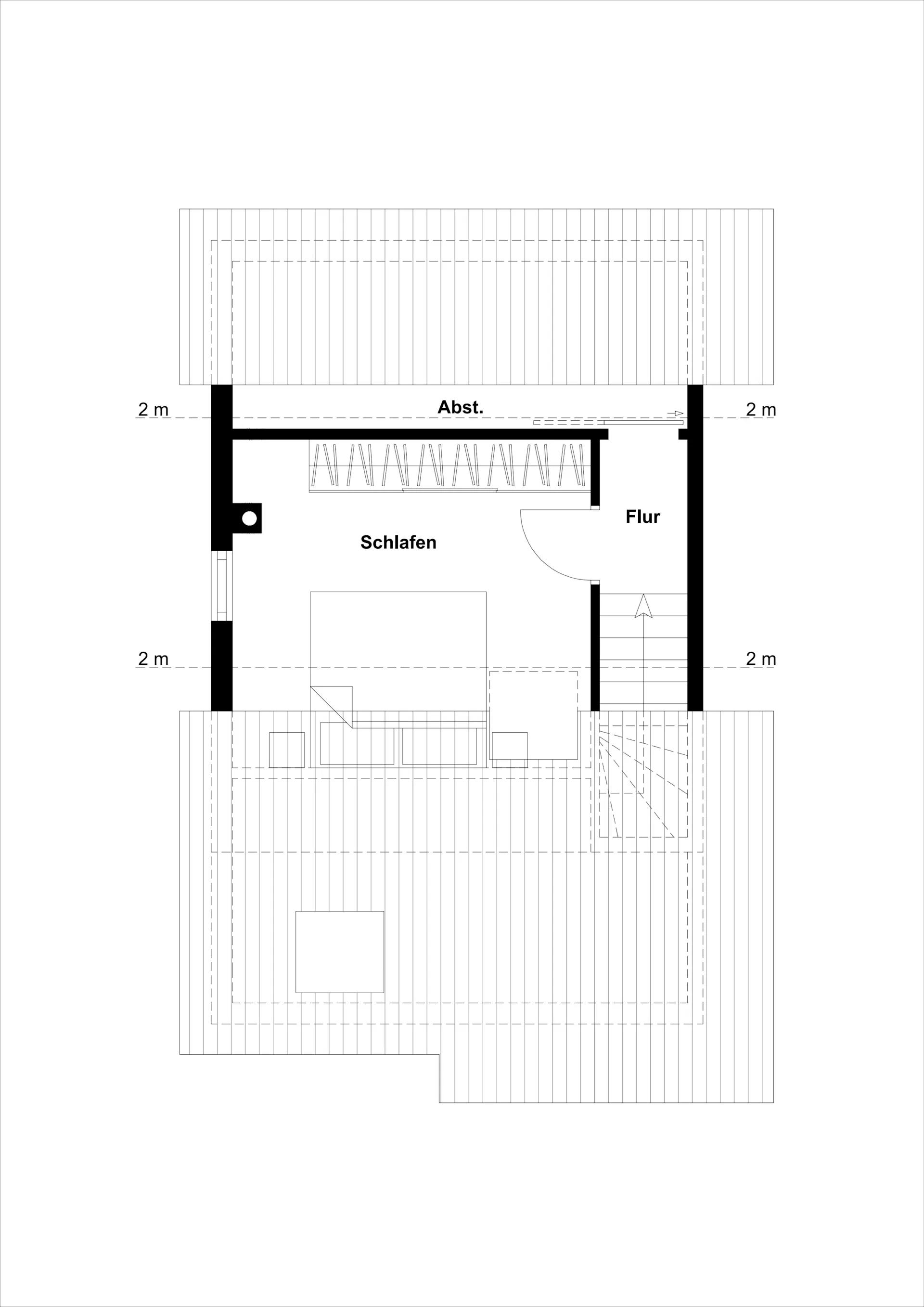 Grundriss eines Obergeschosses mit Schlafraum, Flur, Abstellraum und Treppe.