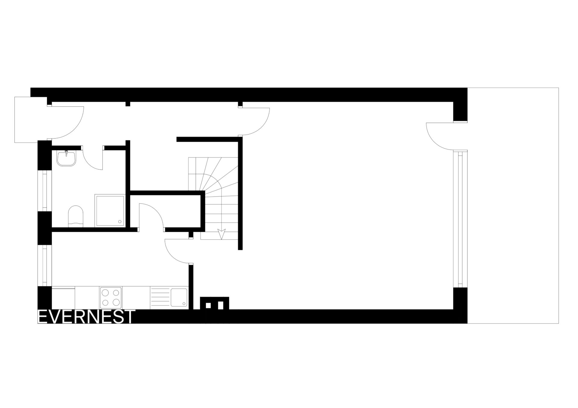 Grundriss mit Küche, Bad, Treppe und großem offenen Wohnbereich.