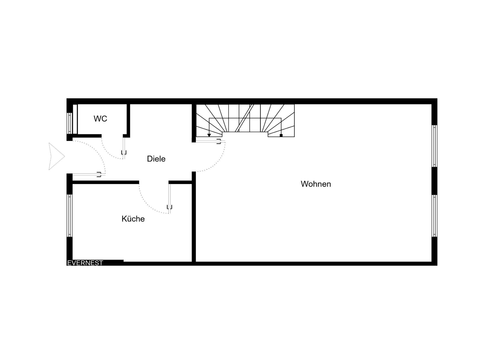 Grundriss mit Küche, WC, Diele und großem Wohnbereich.