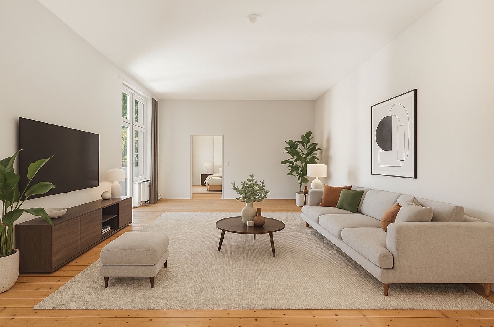 Helles Wohnzimmer mit großem Sofa, Fernseher, Pflanzen und rundem Tisch auf hellem Teppich.