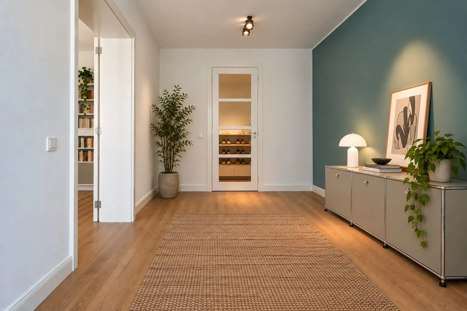 Heller Flur mit Holzboden, Teppich, Pflanzen und Sideboard mit Lampe und Bildern.