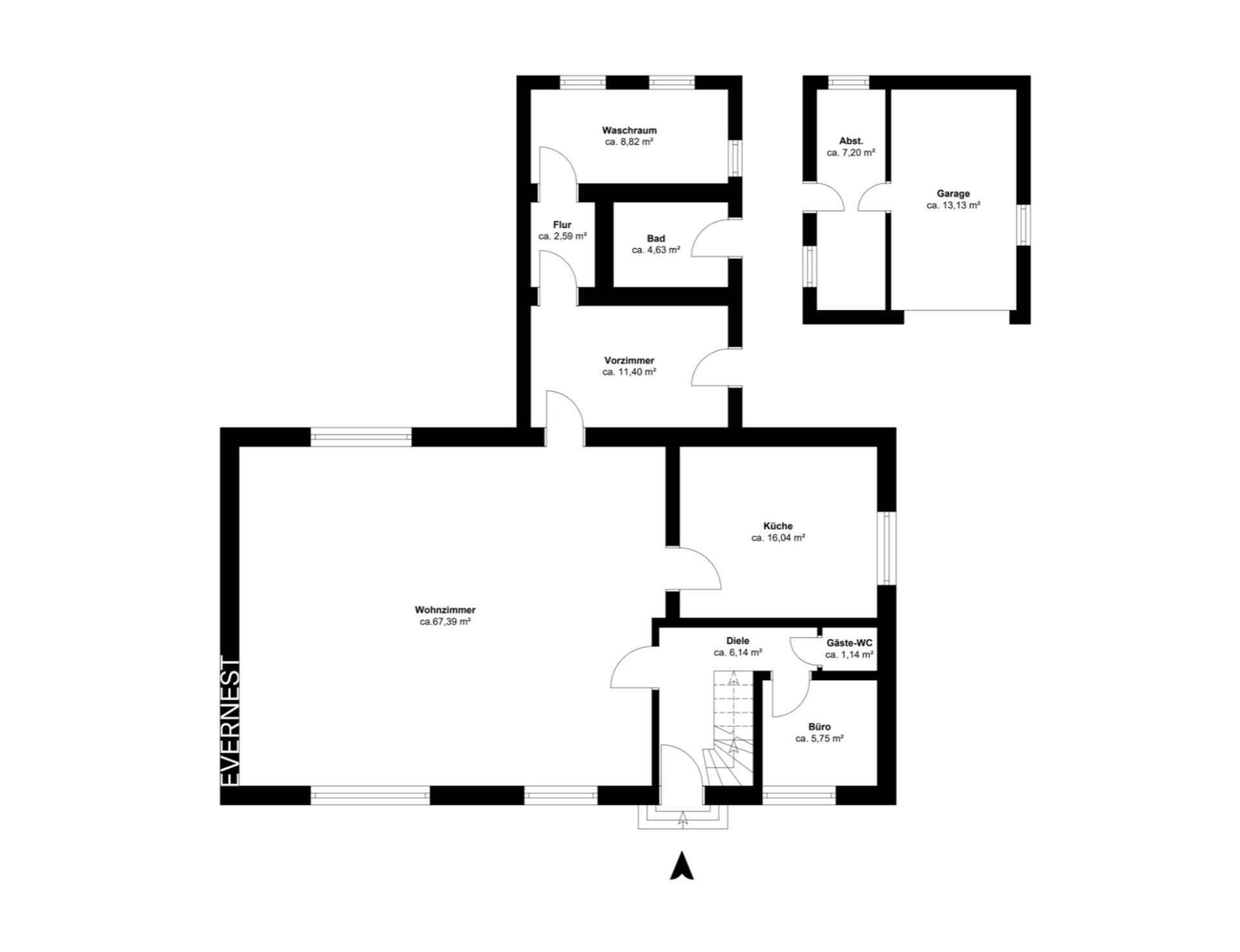Grundriss eines Wohnhauses mit Wohnzimmer, Küche, Bad, Büro, Gäste-WC, Waschküche, Garage und Abstellraum.