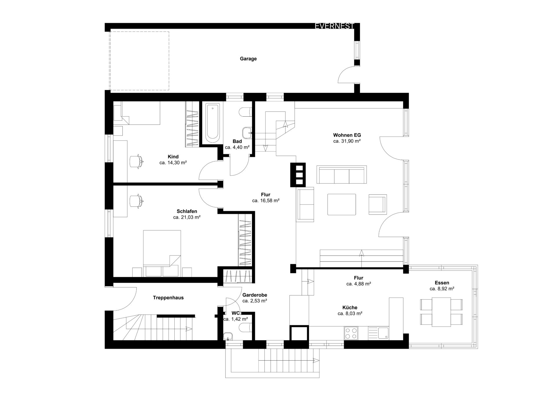 Grundriss eines Hauses mit Garage, Wohnzimmer, Küche, Essbereich, Schlafzimmer, Kinderzimmer und Bad.