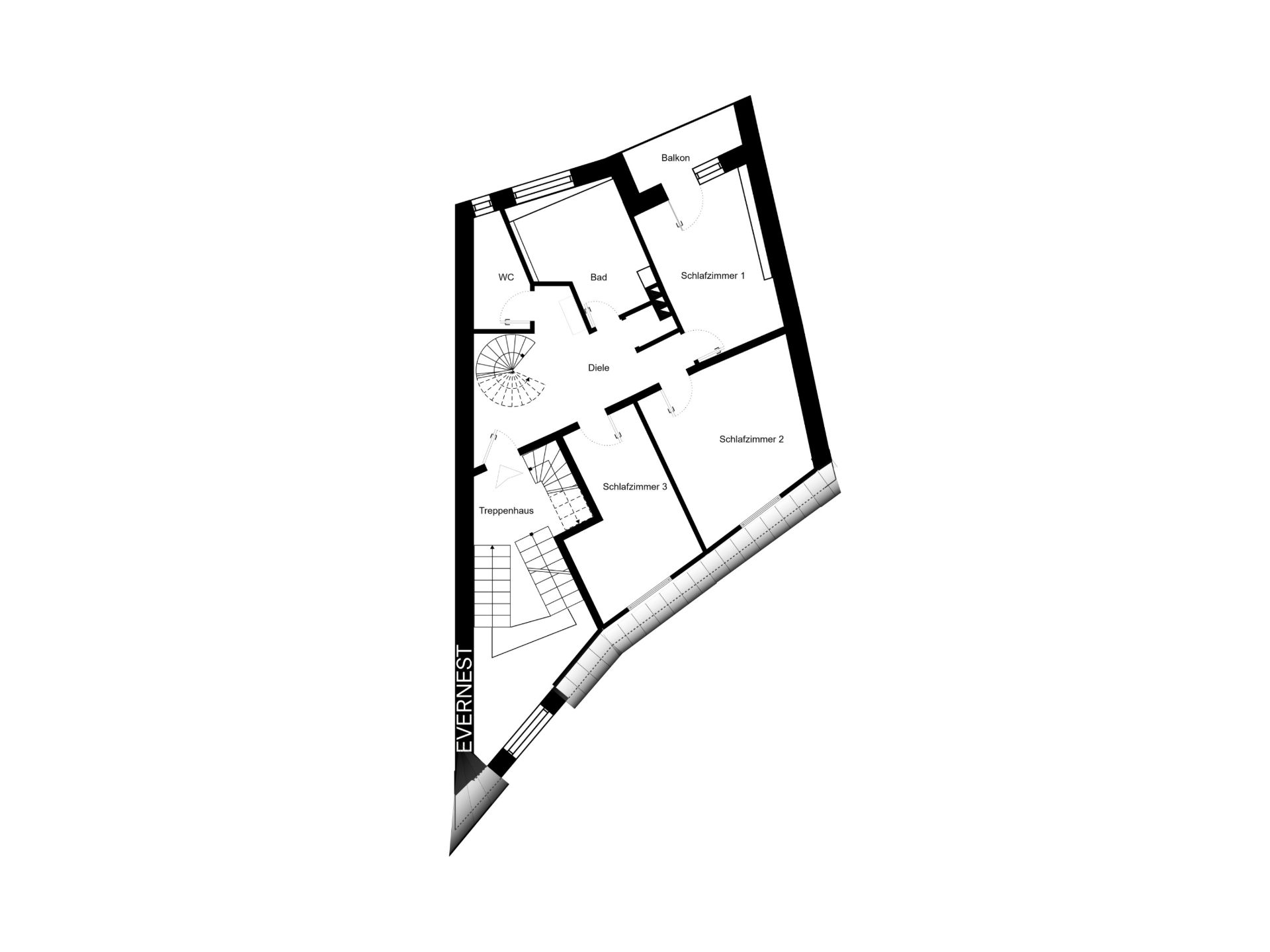 Schwarz-weißer Grundriss einer Wohnung mit zwei Schlafzimmern, Bad, WC, Balkon und Treppenhaus.
