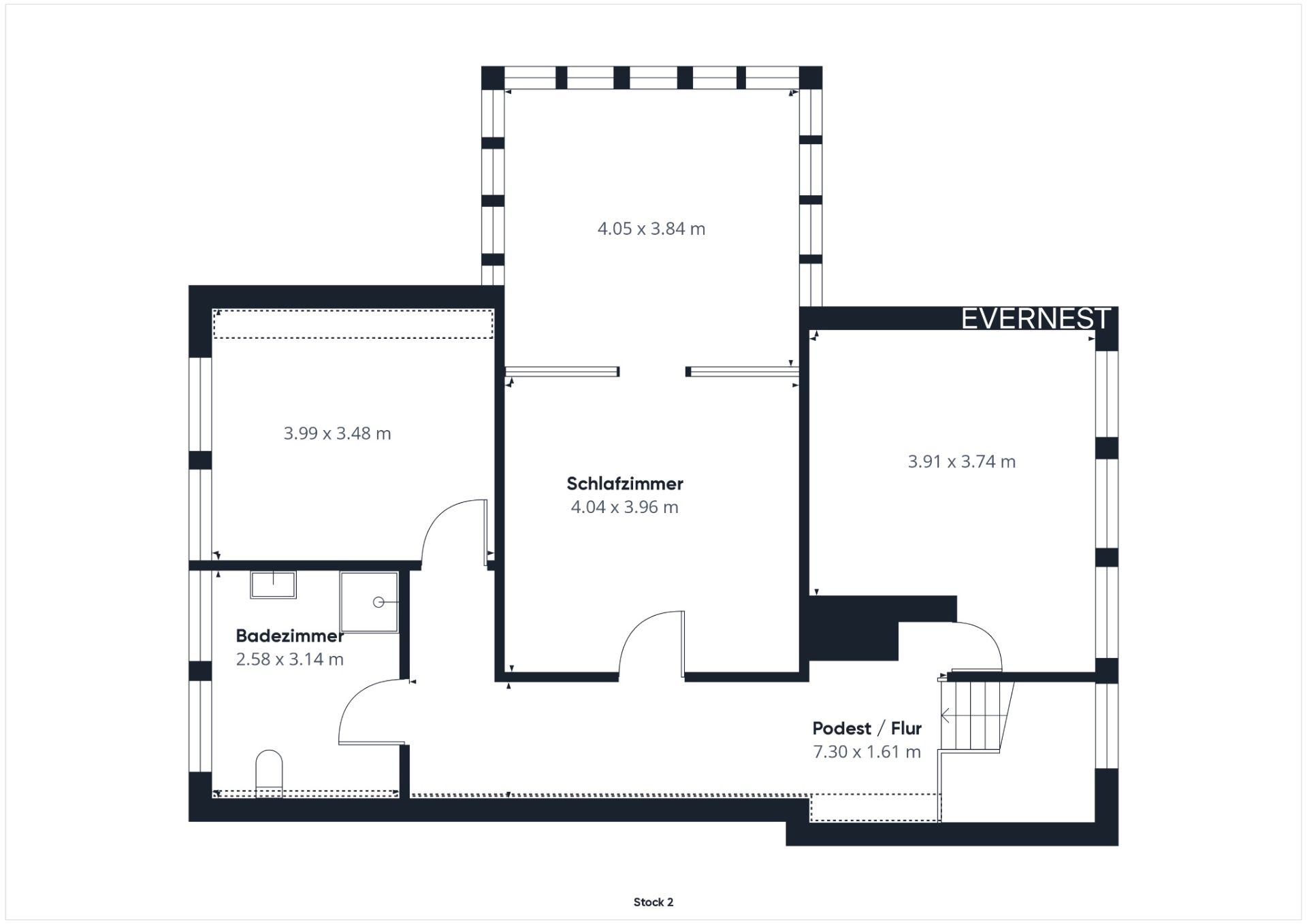 Grundriss mit Schlafzimmer, Badezimmer, Flur und zwei weiteren Zimmern.