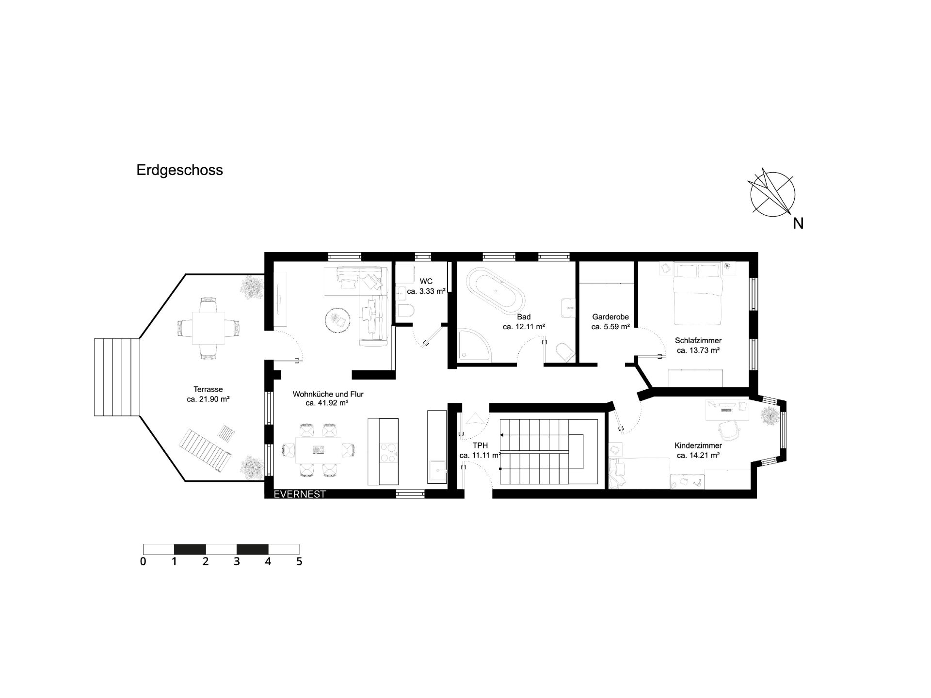 Grundriss des Erdgeschosses mit Terrasse, Wohnküche, Bad, Schlafzimmer und Kinderzimmer.