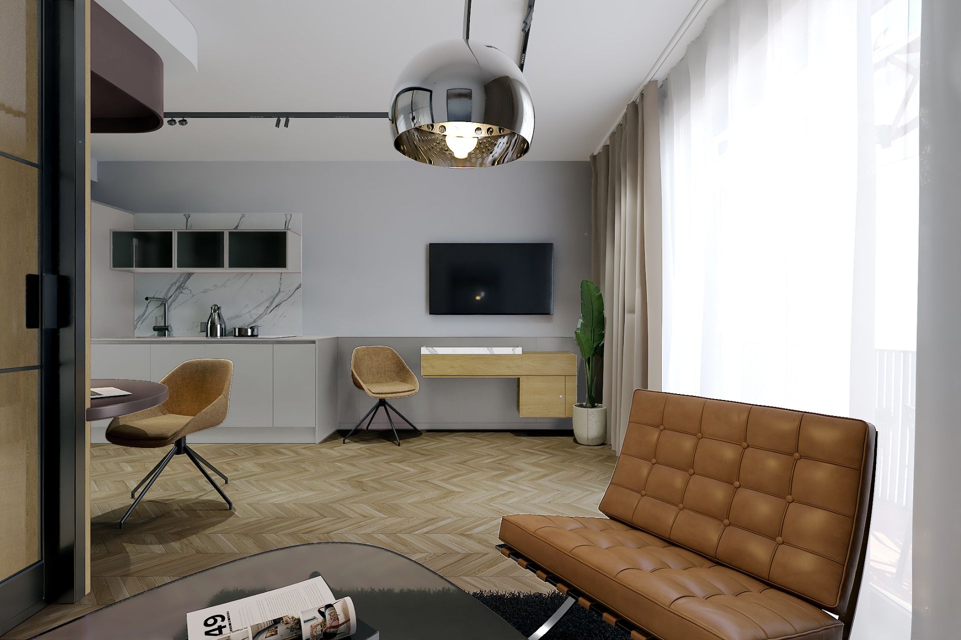 Modernes Wohnzimmer mit braunem Sofa, Glastisch, Küchenzeile und großem Fenster mit Vorhängen.