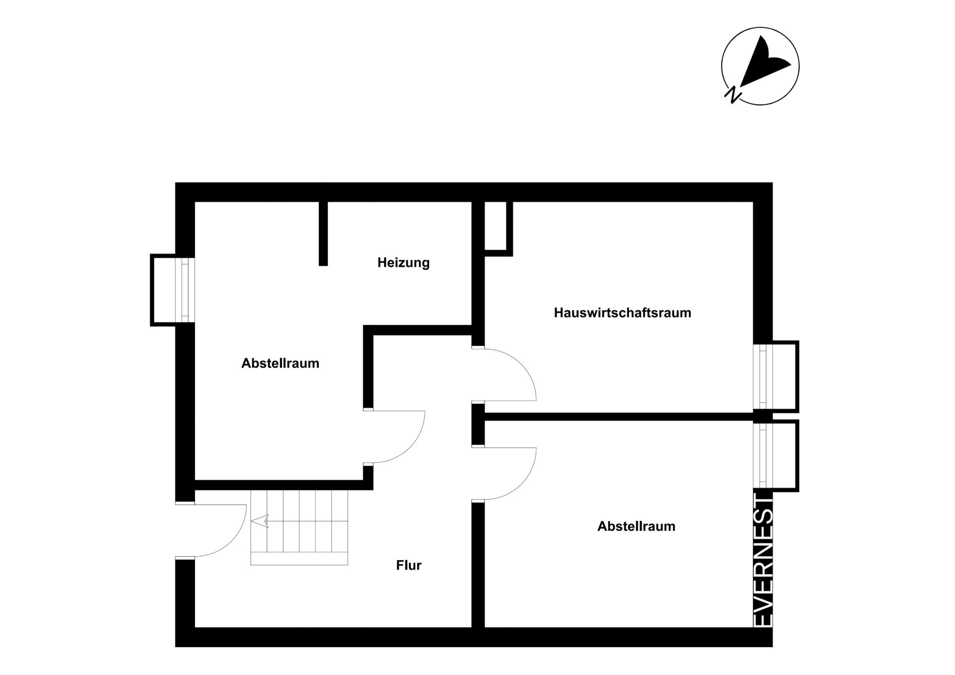 Grundriss mit Flur, zwei Abstellräumen, Heizungsraum und Hauswirtschaftsraum.