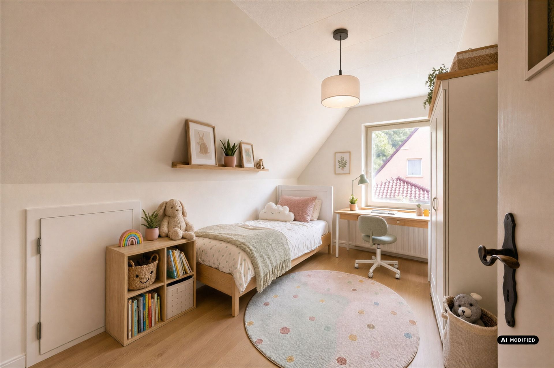 Helles Kinderzimmer mit Bett, Schreibtisch am Fenster, Regal und kleinem Teppich.